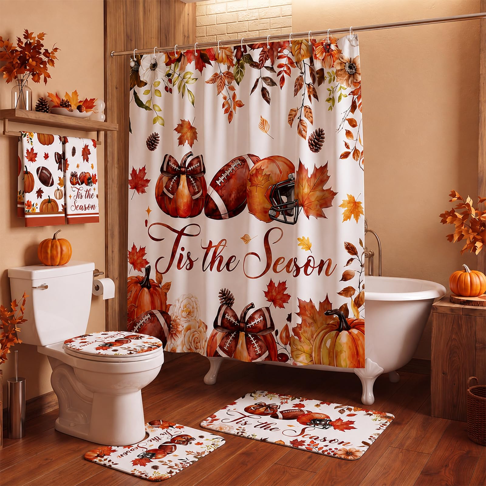 HunnmingRe 6 Pcs Fall Football Bathroom Decor Autumn Shower Curtain Sets