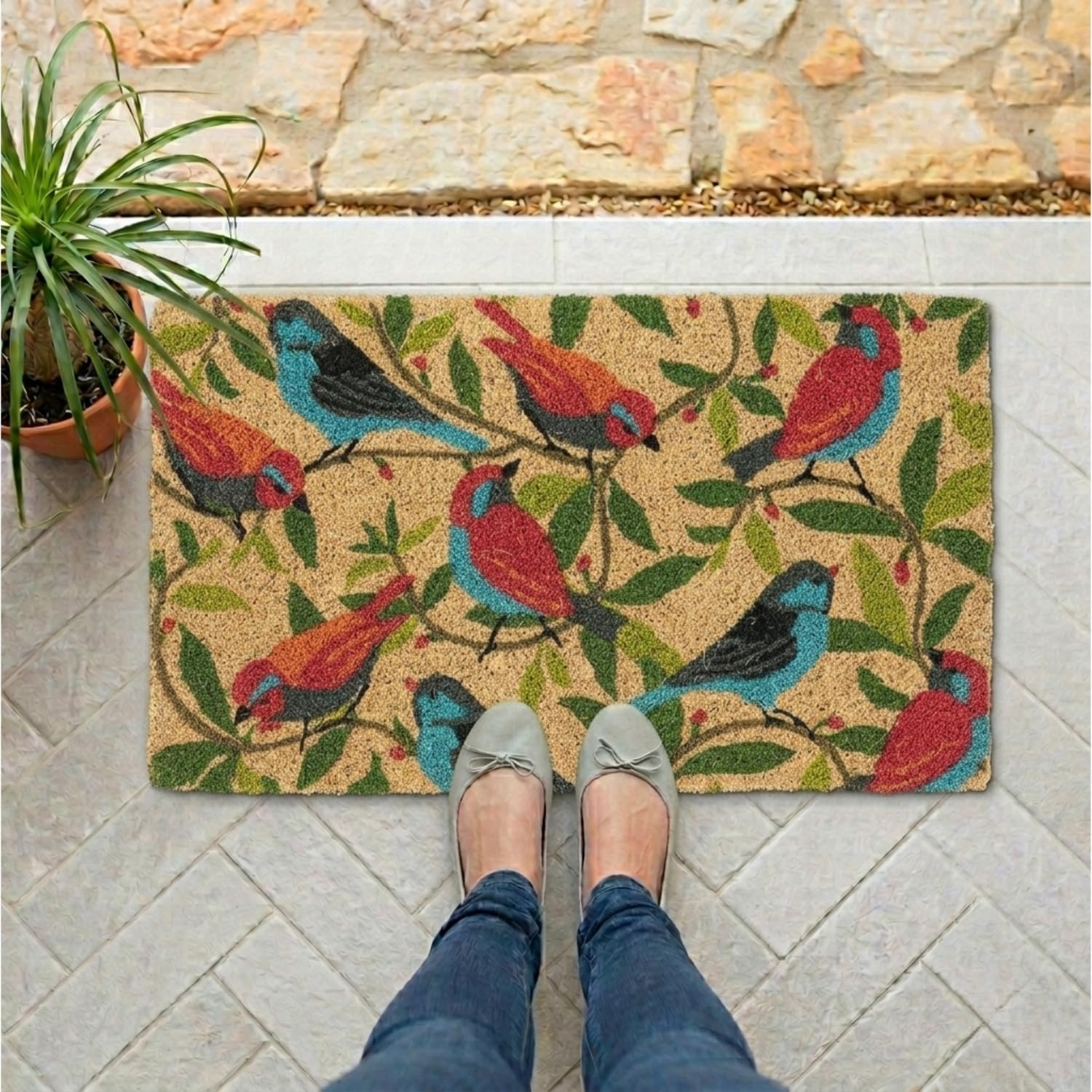 Colourful Birds Doormat-18x30 L-Natural Eco Friendly Coco Coir Fiber, Durable Anti-Slip Backing Rug, Welcome Indoor Outdoor Doormat for Front Door, Porch, Garage, or Mudroom