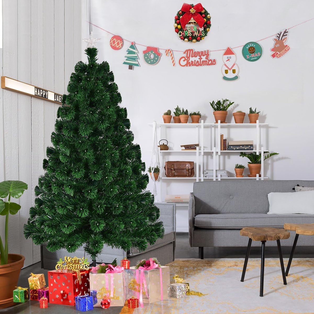 Goplus 5FT Artificial Christmas Tree Pre-Lit Optical Fiber Tree 8 Flash Modes W/UL Certified Multicolored LED Lights & Metal Stand