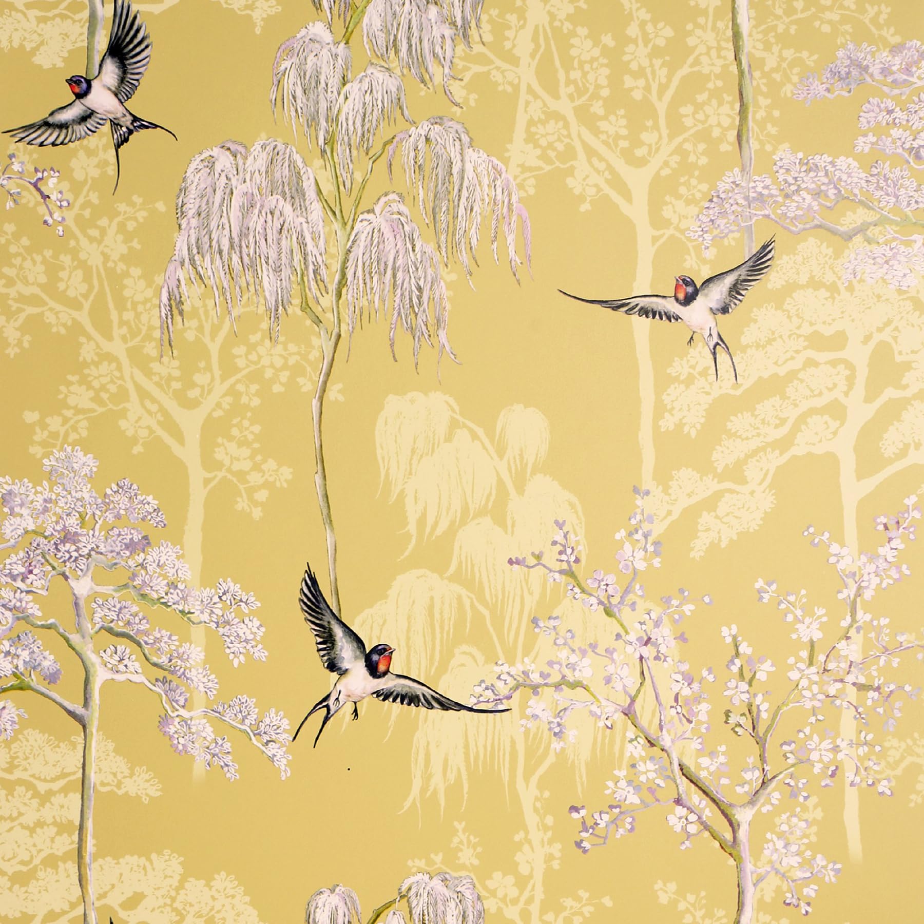 Arthouse Japanese Garden Ochre Wallpaper - Oriental Trees & Birds Pattern - Pearlescent Highlights - Spongeable
