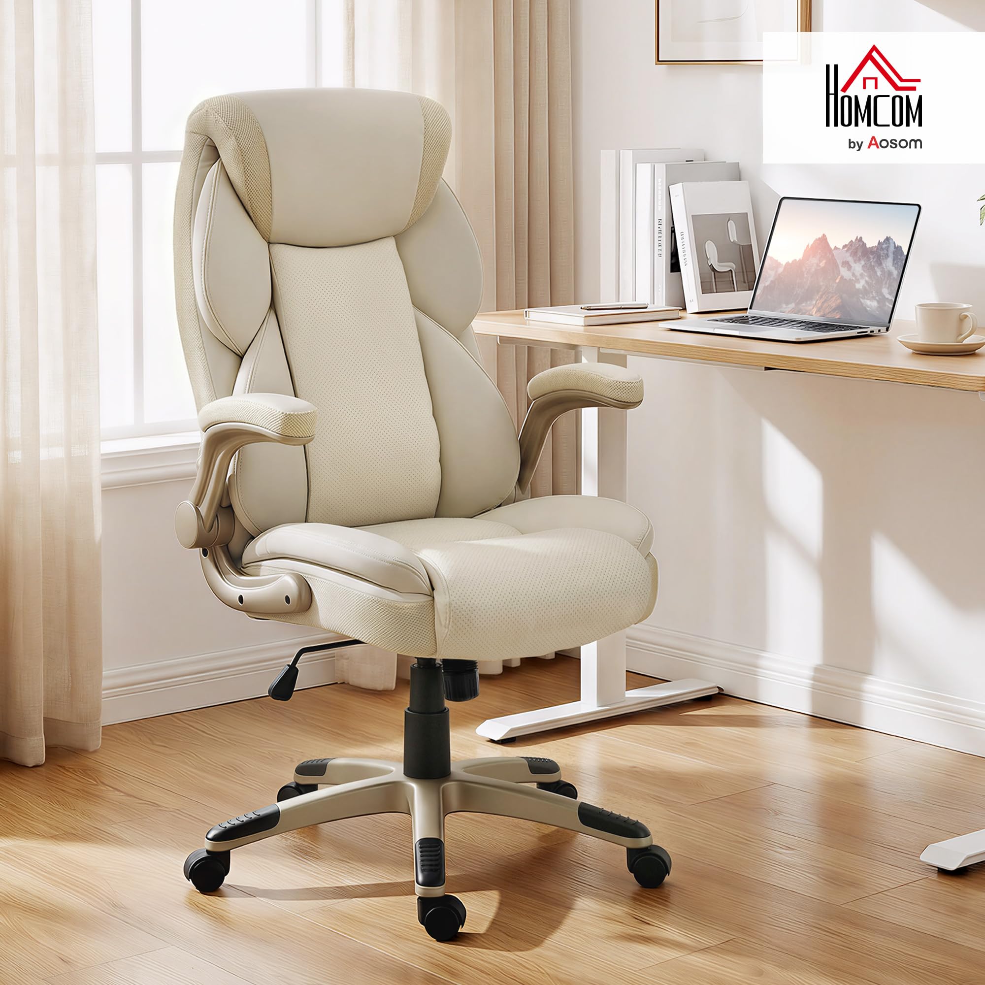 HOMCOM Silla de Oficina con Masaje Vibratorio de 4 Puntos Giratoria Crema | Silla de Escritorio, Calor Lumbar, de PU, Brazos Abatibles, Respaldo Alto, Altura Ajustable, Función de Basculante