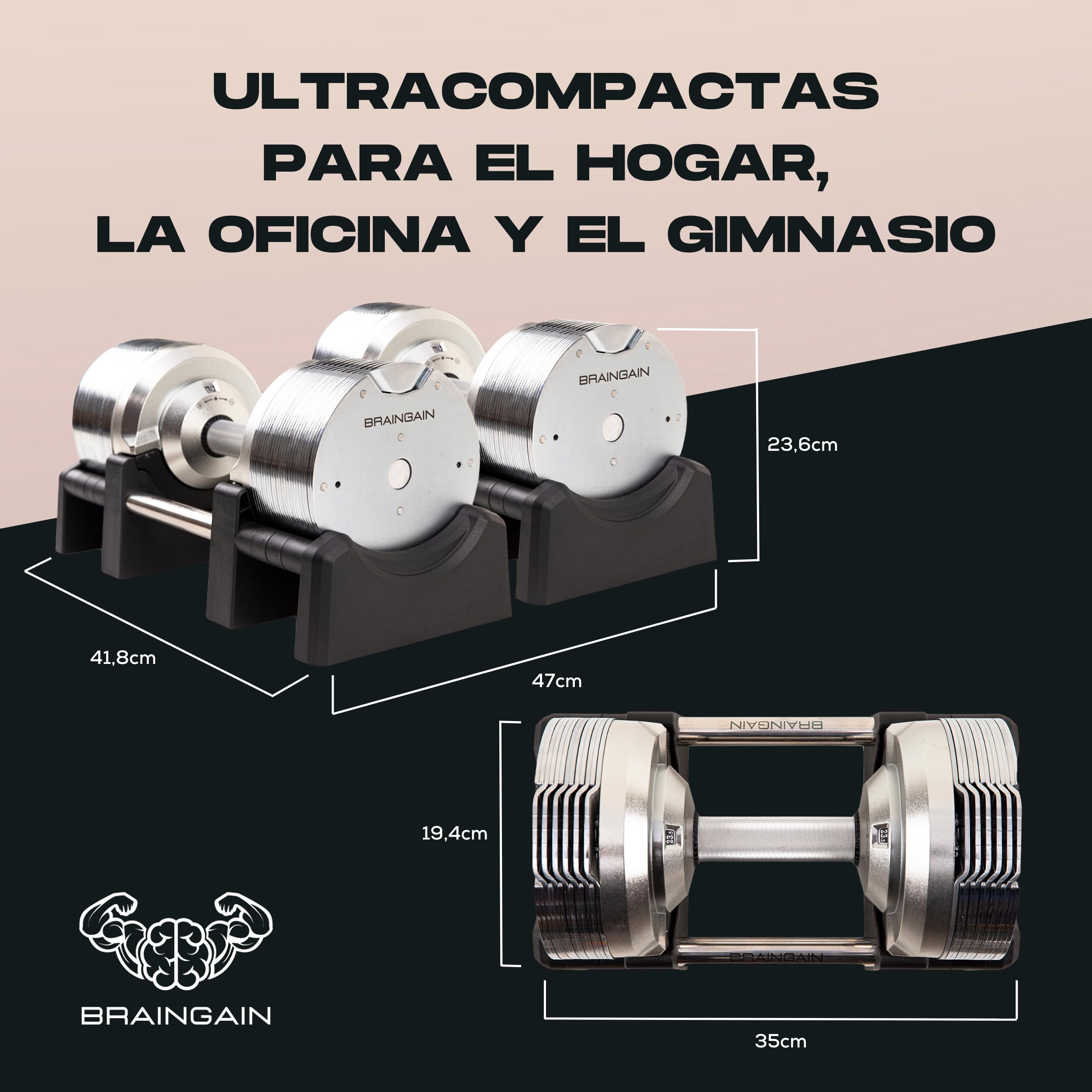 BRAINGAIN Mancuernas Ajustables Set 23,5kg/32,5kg/41,5kg – Ahora con mango Gen 4 de 34mm – Cambia de peso en 1 seg – Equipo de gimnasio en casa que ahorra espacio – Varios pesos en uno – Cromo/Negro