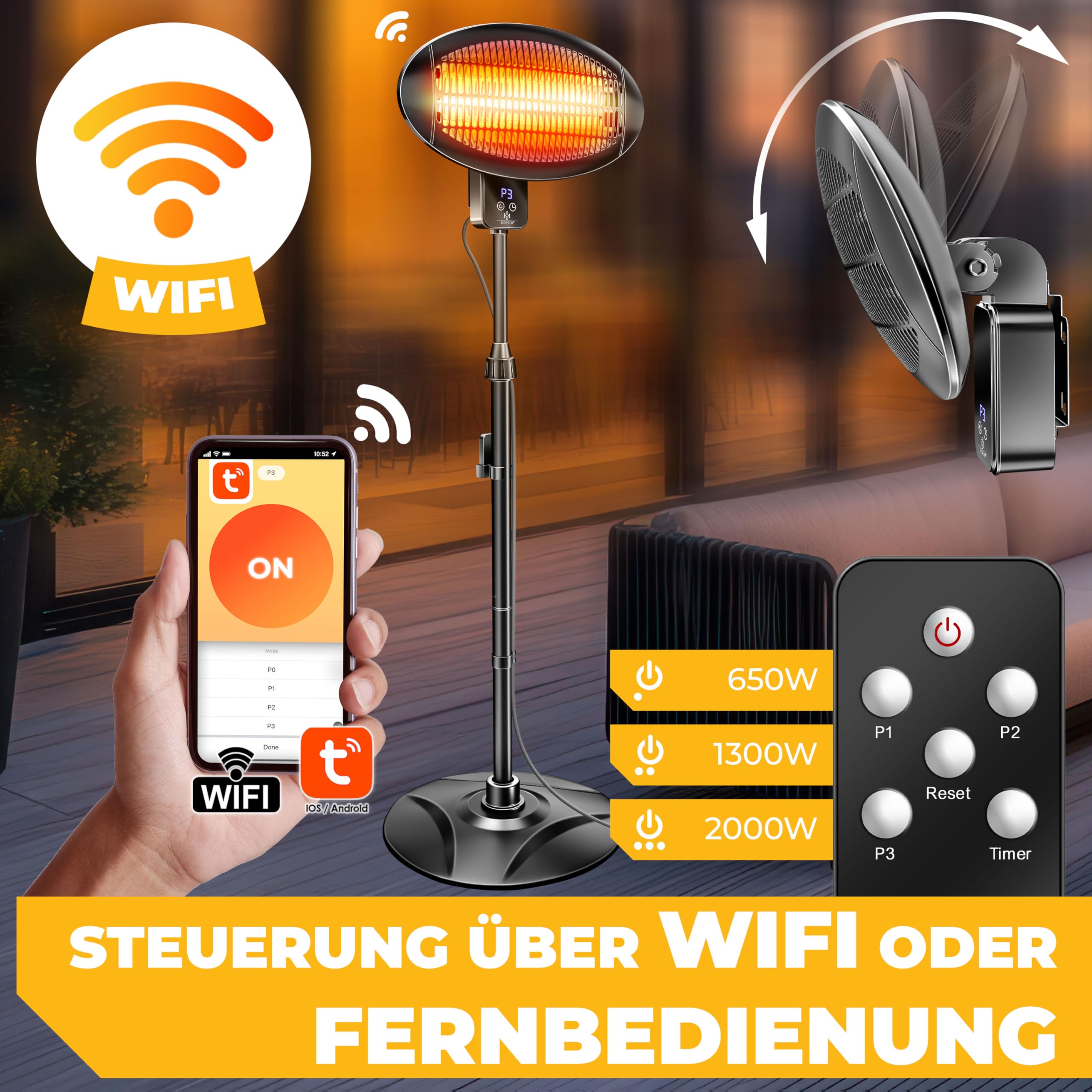 KESSER® Infrarot Heizstrahler 2000W Terrassenstrahler mit WIFI & Fernbedienung 360° drehbar, höhenverstellbar, Stand- & Wandmontage Kippschutz, IPX4 spritzwassergeschützt Wärmestrahler Balkon & Garten