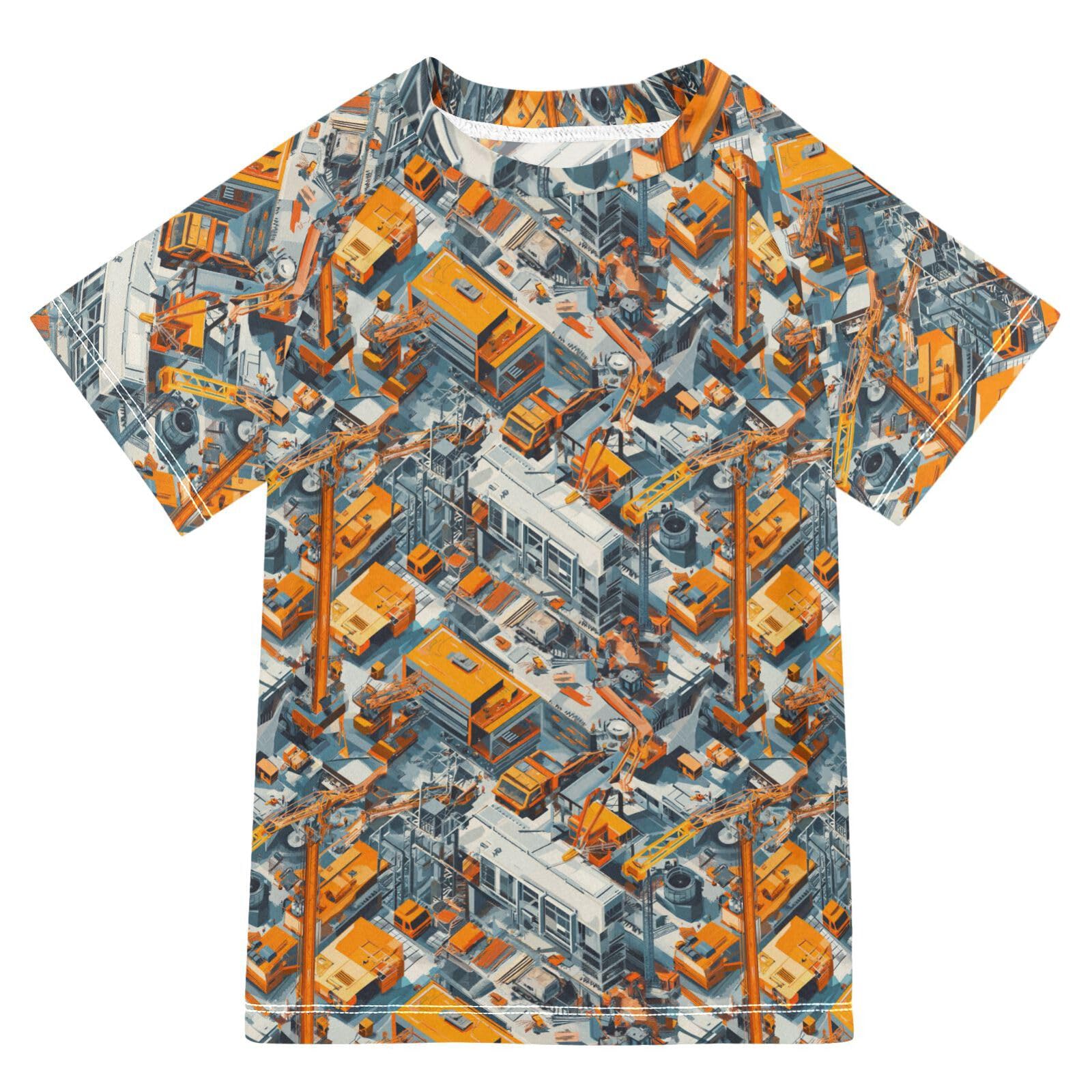 Girls Bathing Suit Short Sleeve Girl Rash Guard 4T Construction Scene Build Tall Buildings Grader Tower Crane