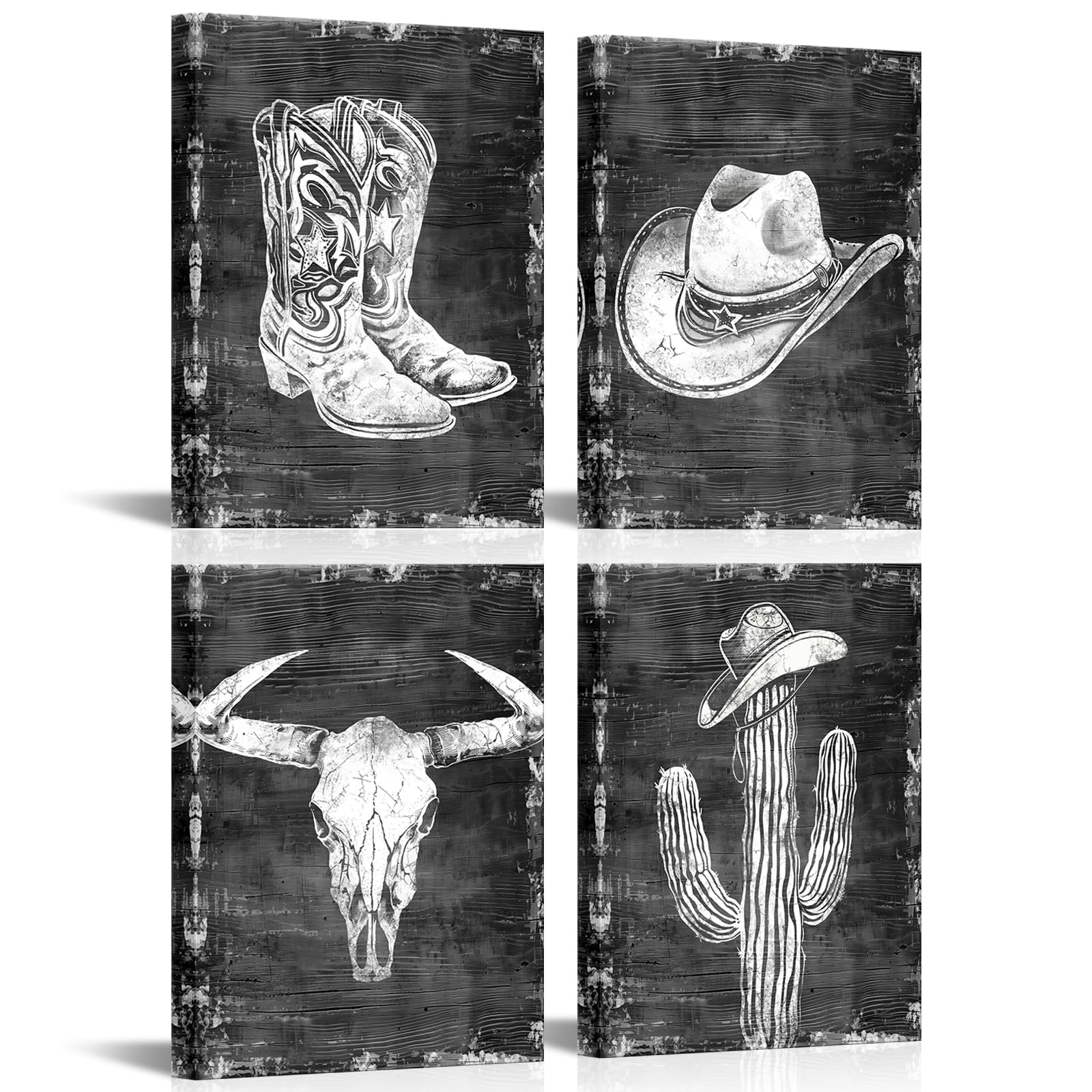 Biuteawal Western Cowboy Wall Art 4 Panel Cowboy Hat and Boots Pictures Desert Cactus Cow Skull Painting Southwestern Artwork Prints for Farmhouse Decor