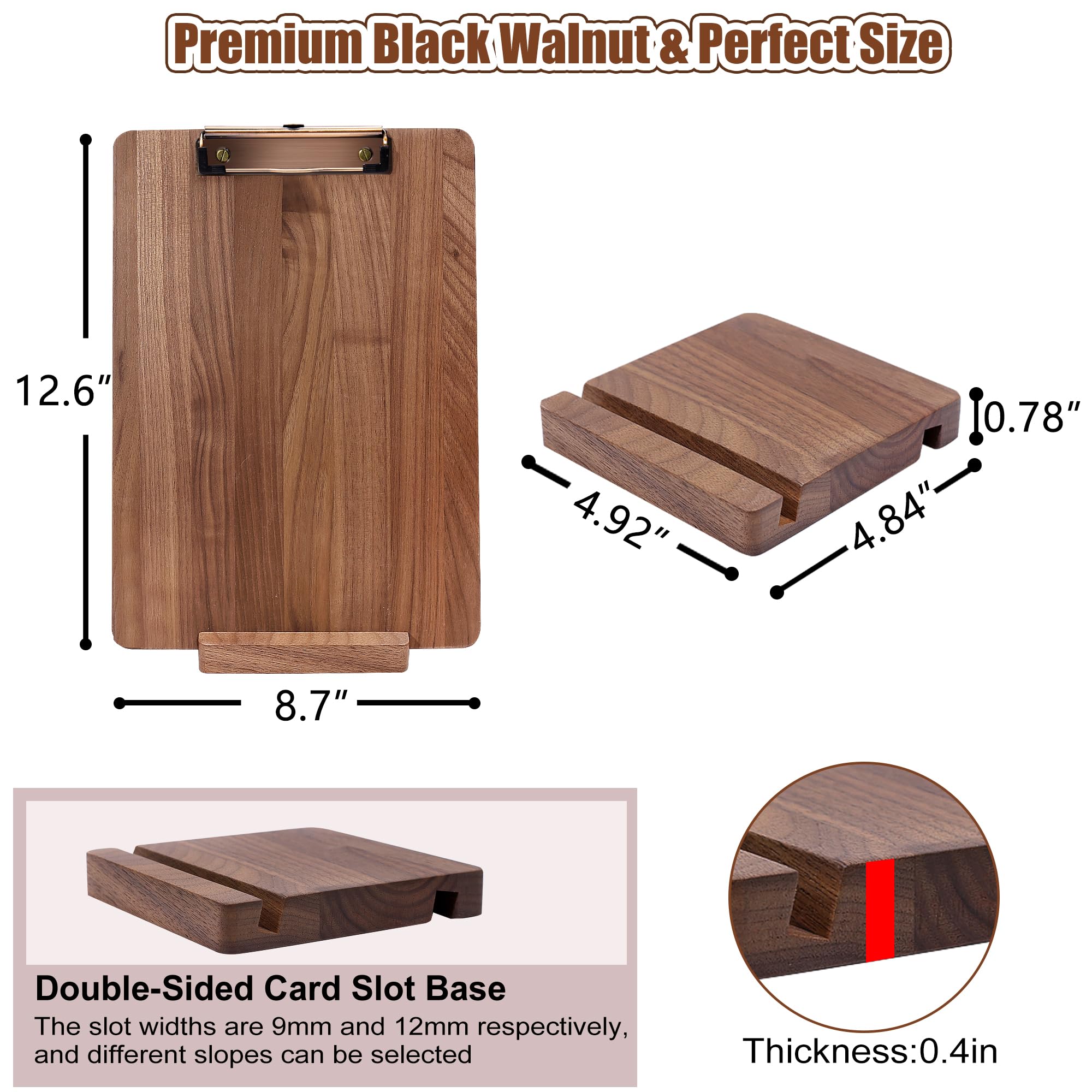 Confezione da 2 tavolette portablocco in legno di noce, 32 x 22,1 cm, con base stabile, in legno massiccio, supporto per bar, corsi di formazione, caffetterie, forniture per ufficio