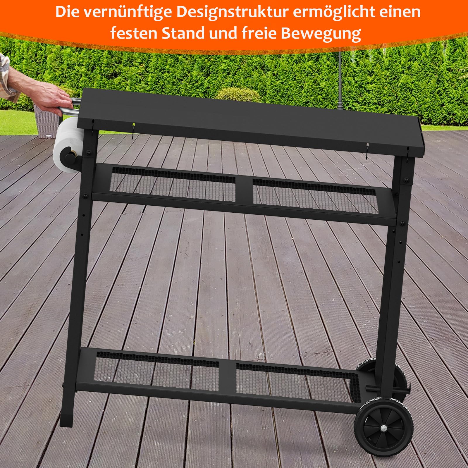 Carrito de barbacoa multifuncional, 3 niveles, carrito de cocina con soporte para toallas de papel y ganchos, mesa auxiliar para exteriores (negro)