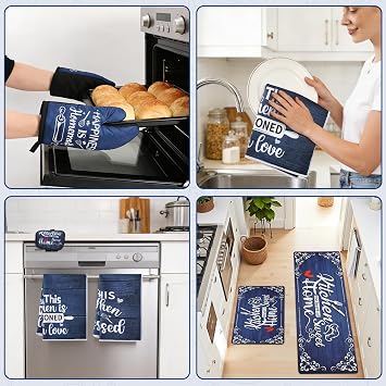 10 Pcs Navy Blue Kitchen Accessories Decor Set with 4 Kitchen Dish Towels 2 Vintage Pot Holders 2 Oven Mitts Glove 2 Farmhouse Non Slip Runner Rugs, Home Decorations Accessories