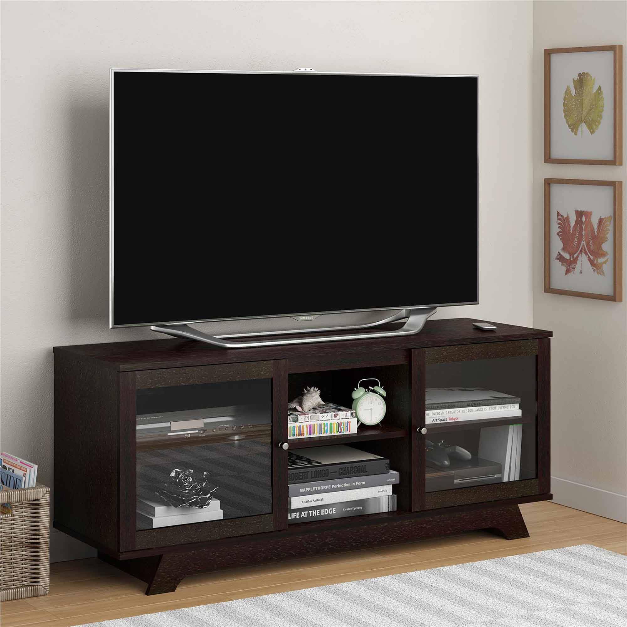 TV Stand for TVs up to 55" with Two Slide Open and Closed Glass Doors, Open and Closed Storage Space, 3 Adjustable Shelves, TV Cabinet, Living Room Furniture, Multiple Finishes (Cinnamon Cherry)