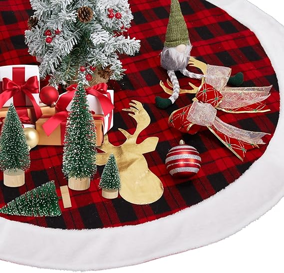 48 Inch Red Black Buffalo Plaid Christmas Tree Skirt, Large Fur Christmas Tree Skirt Decorations with Reindeer Design for Christmas Tree Indoor Home Holiday Party Decoration