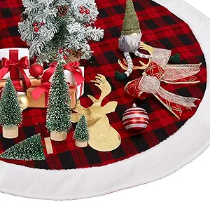 48 Inch Red Black Buffalo Plaid Christmas Tree Skirt, Large Fur Christmas Tree Skirt Decorations with Reindeer Design for Christmas Tree Indoor Home Holiday Party Decoration