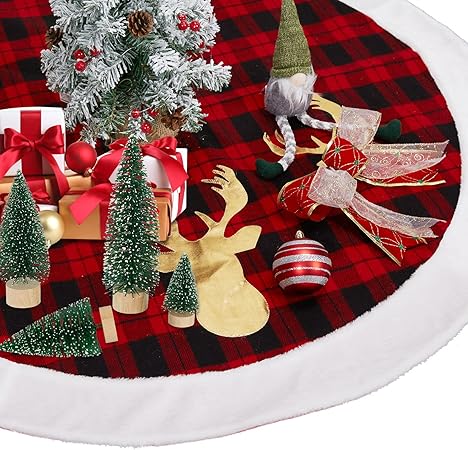 48 Inch Red Black Buffalo Plaid Christmas Tree Skirt, Large Fur Christmas Tree Skirt Decorations with Reindeer Design for Christmas Tree Indoor Home Holiday Party Decoration