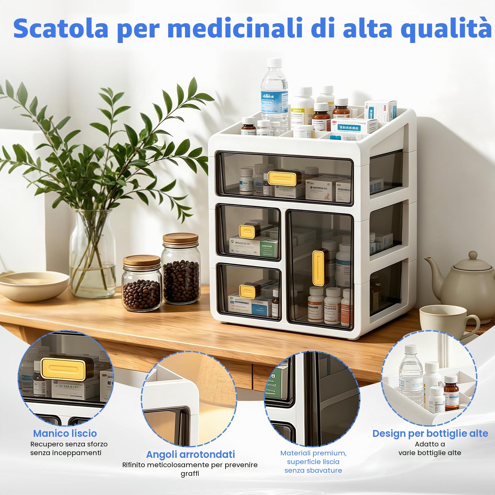 Organizer per armadietto medicinali a 4 ripiani, con cassetti trasparenti, armadietto farmacia domestica, grande contenitore per farmaci, cosmetici, vitamine (bianco)