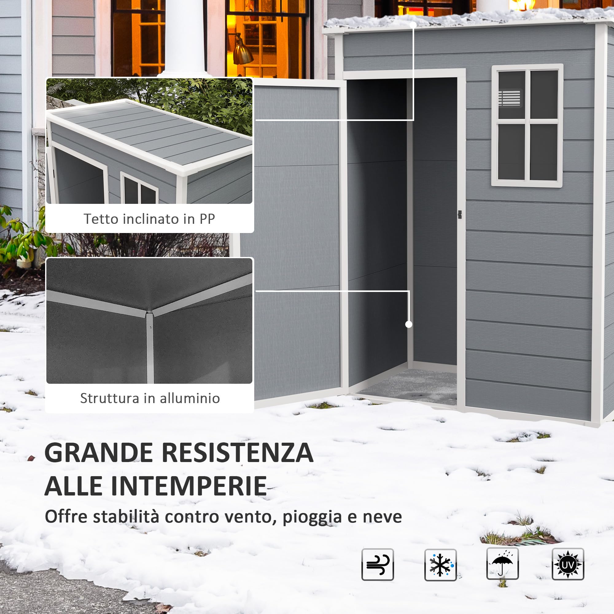 Capanno Attrezzi da Giardino con 1 Anta Ripostiglio da Esterno in Alluminio/Plastica con Lucchetto Dimensioni 151x92x193 cm Grigio