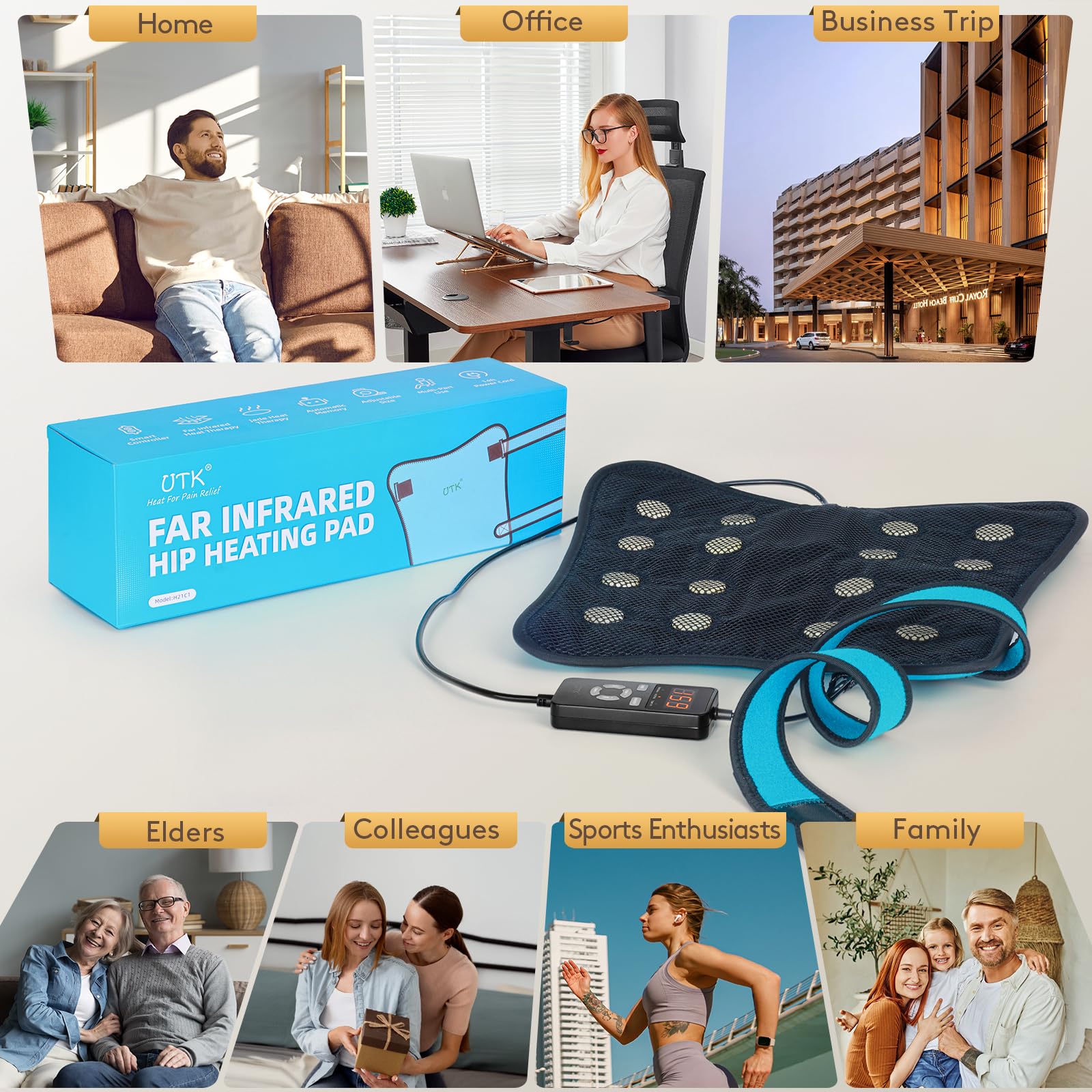 UTK Hip Heating Pad for Sciatica, 5X Far Infrared Heating Pads with 16 Natural Jades & Smart Controller, Lower Back/Thigh/Buttock/Abdomen Electric Heat Pad for Women (16.9 Inch)