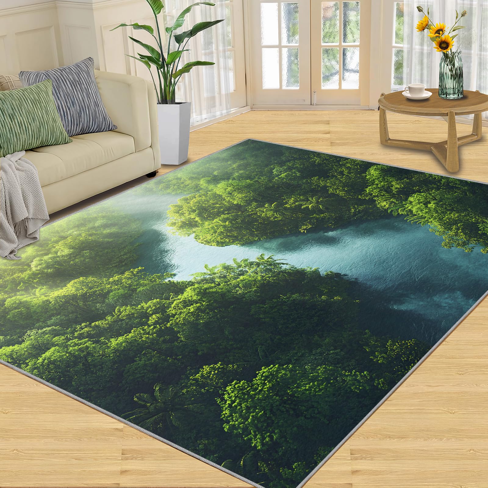 Tapis bleu rivière pour salon lavable et antidérapant