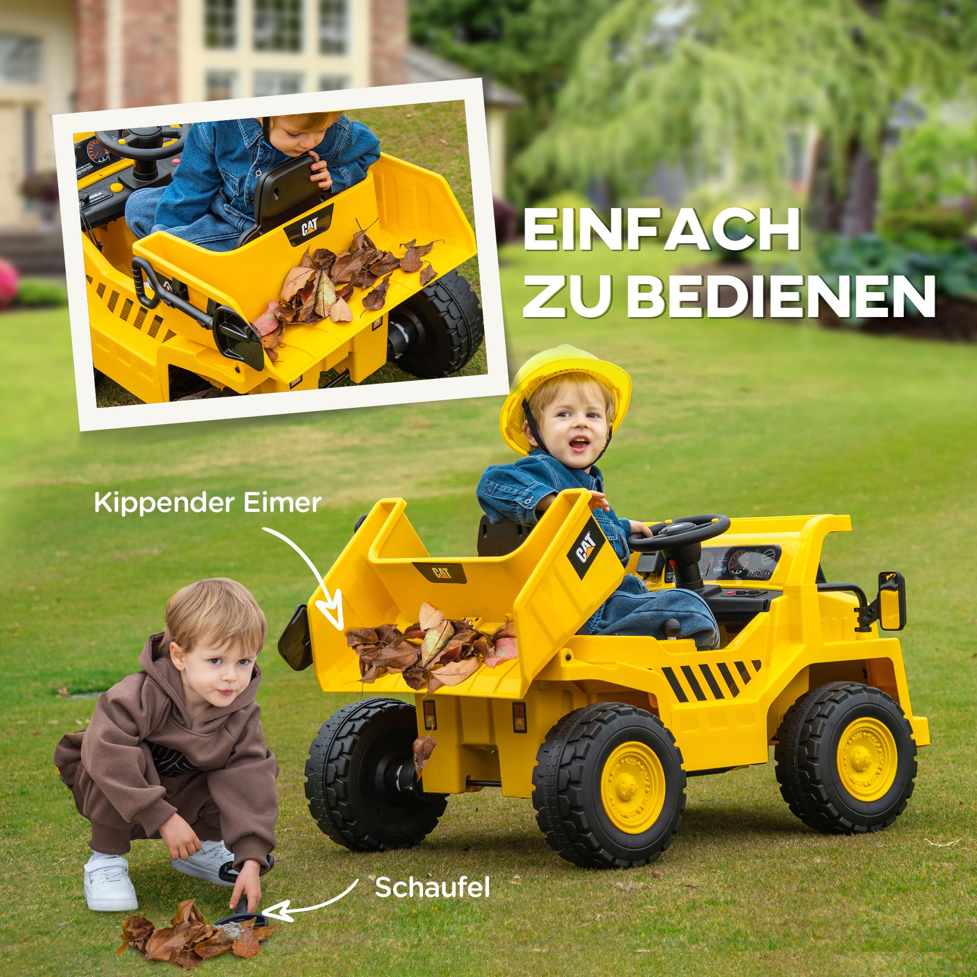 AIYAPLAY Elektrischer Traktor 12V Kinder Aufsitztraktor für 3-6 Jahre Gelb | 2,4G Fernbedienung, Eimer, Schaufel, Kinder Elektroauto, 2 Motor, Musik, Lautsprecher, Scheinwerfer, 3-5 km/h