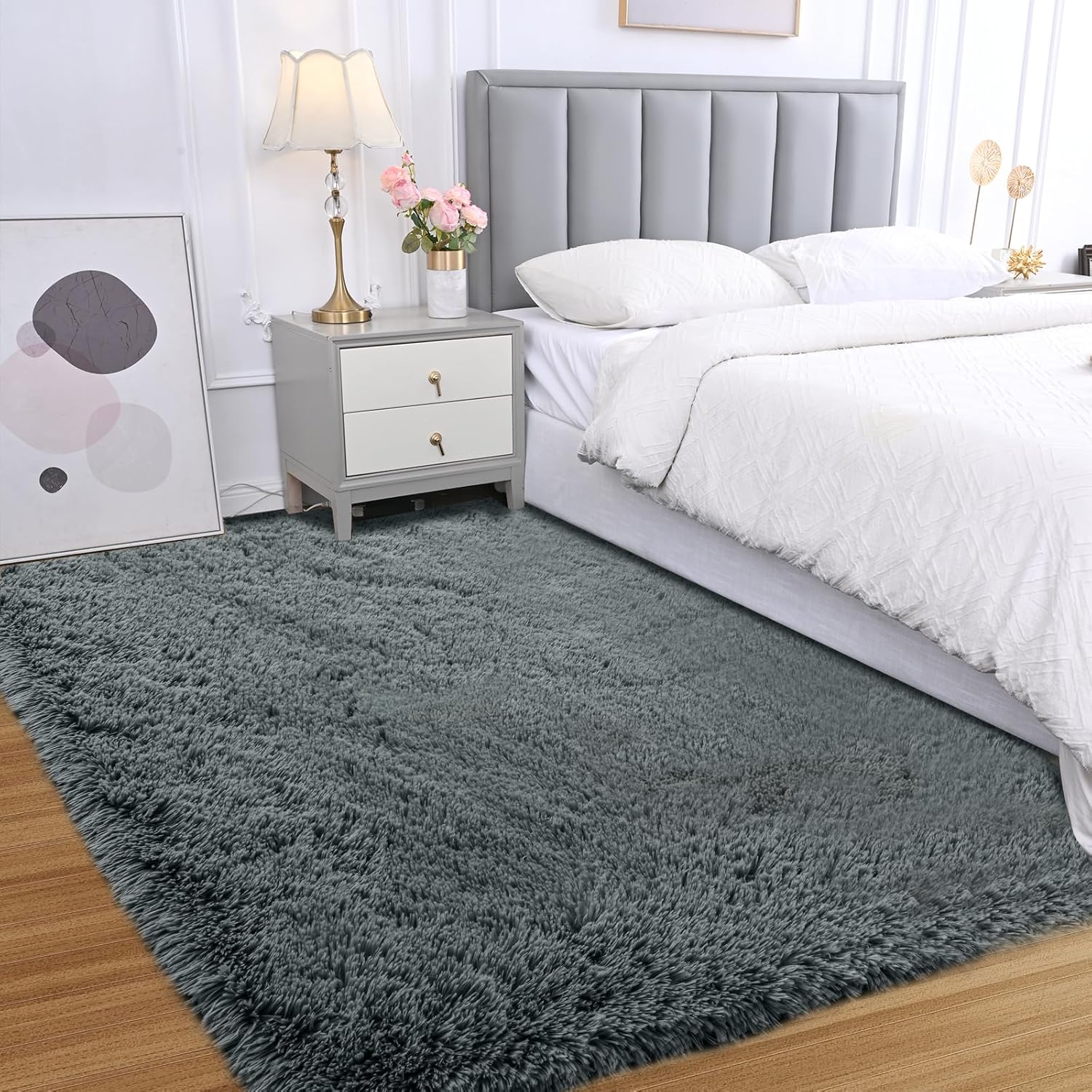 Fluffy Area Rug for Bedroom: Grey Plush Soft Bedside Dorm Area Rug - Small Carpets for Bedroom Kids Room Nursery (Grey, 3x5Feet) Grey 3x5Feet