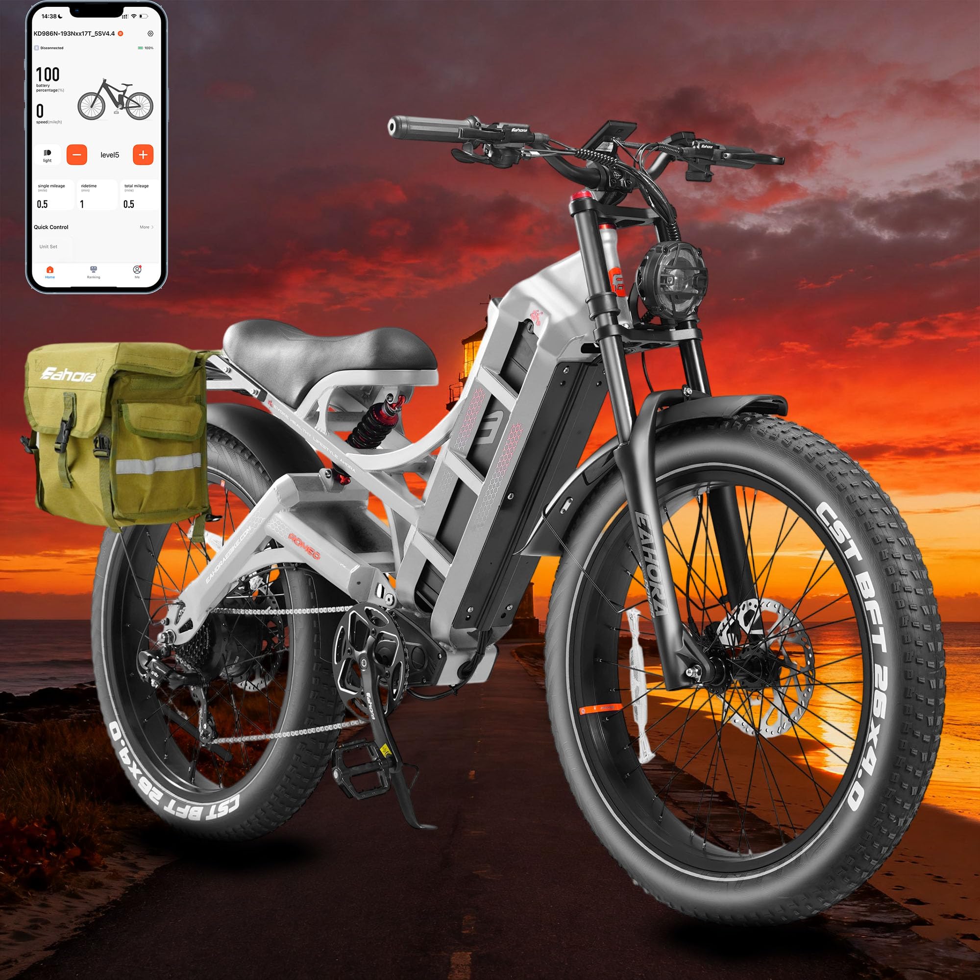 Eahora Romeo Pro 2/3 Ebike 1600W/4000W/5600W Electric Bike for Adults 34/46/50MPH 200 Miles Long Range Dual Motor 48/70/80AH Battey Electric Mountain Bike Dual Hydraulic Brakes Full Suspension EBike