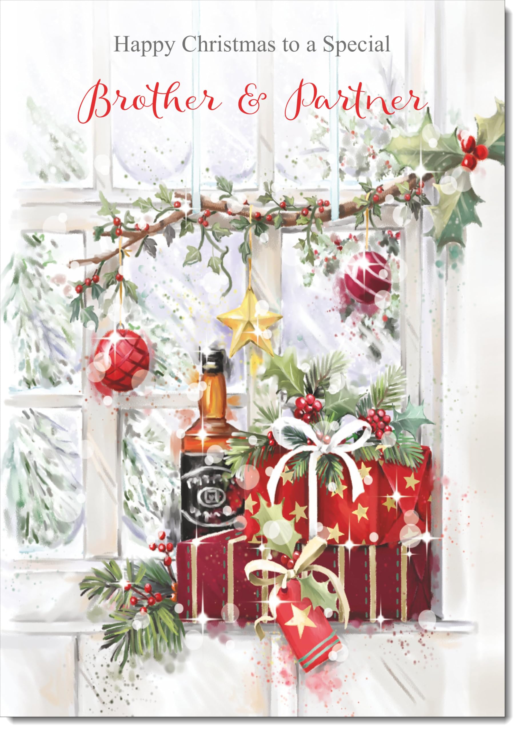 doodlecards Brother and Partner Christmas Card Wine and Parcels Large A4 Size Christmas Card for Brother & Partner with Plain Envelope — image 1