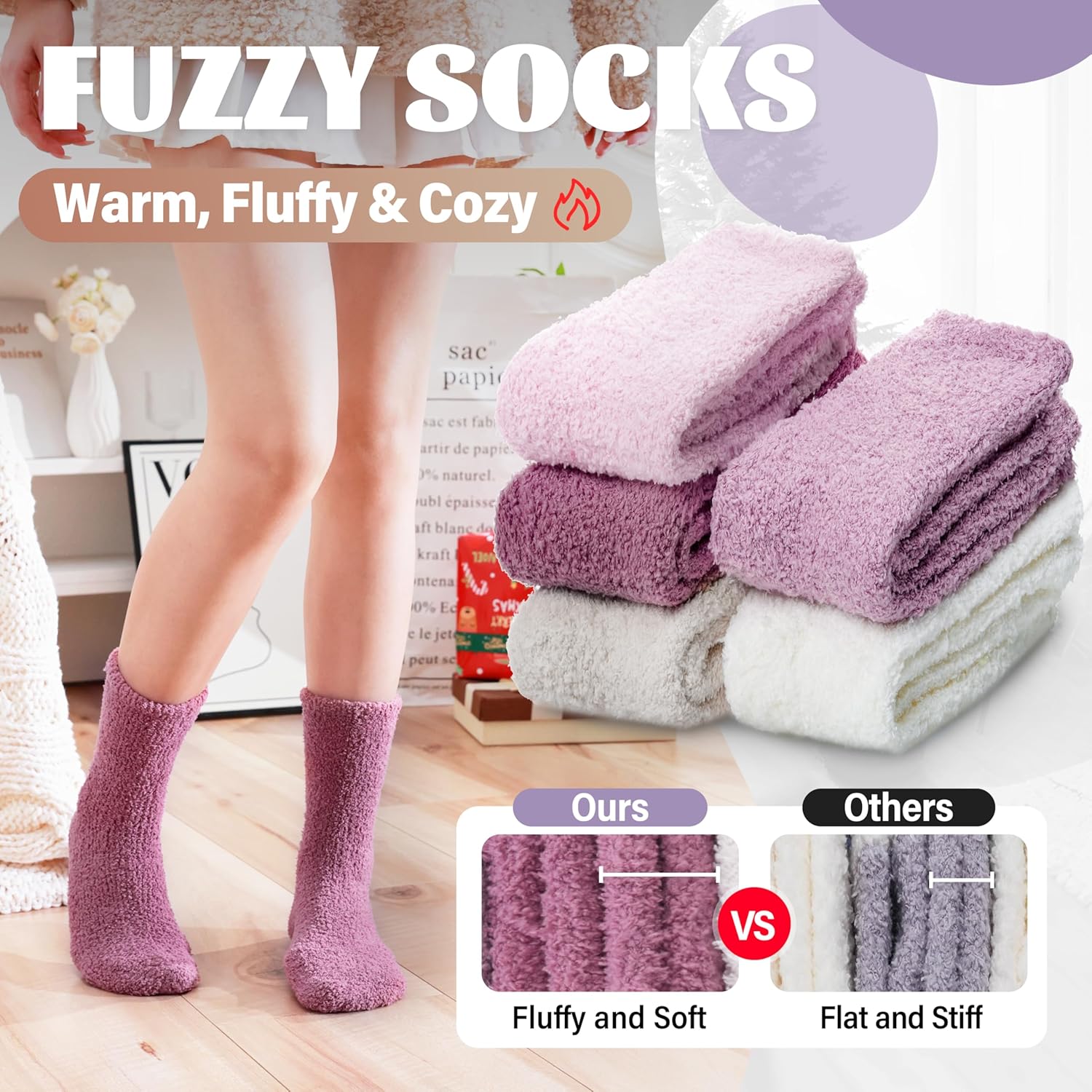 ANTSANG Fuzzy Slipper Socks for Women Men Fluffy Warm Winter Socks Valentines Day Christmas Gift Stocking Stuffers 5 Pairs - Image 3