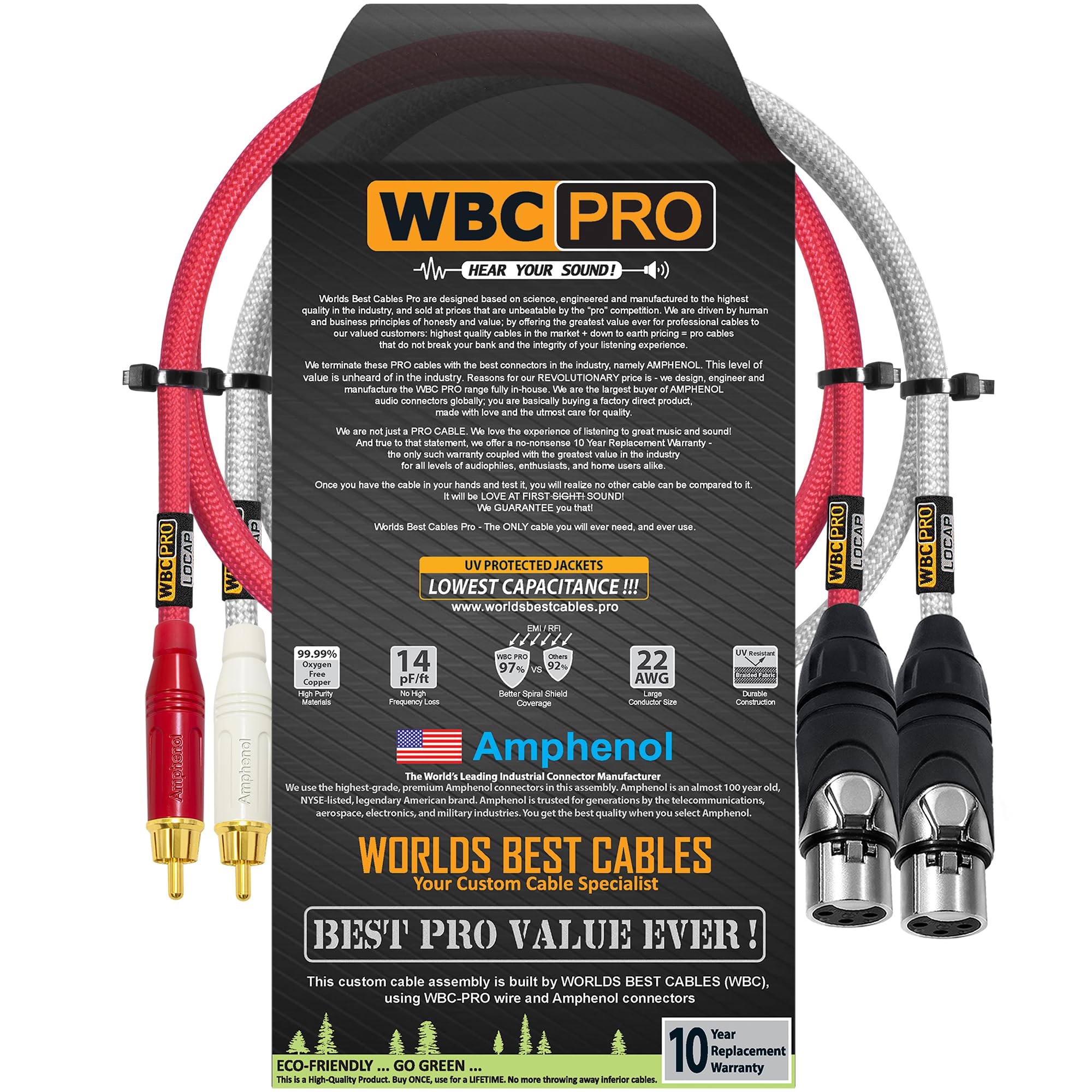 WBC-PRO-LOCAP - Par de cables RCA a XLR (hembra) de 1 pie - WBC-PRO-LOCAP de baja capacitancia (14pF/ft) 22 AWG Cable de interconexión de audio ultrasilencioso y audio de grado profesional -