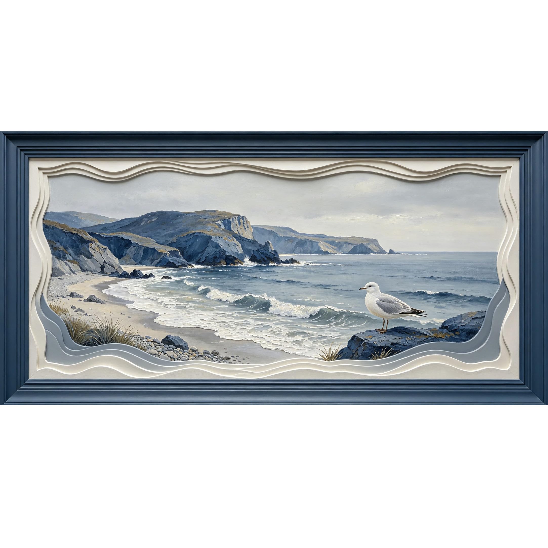 Agglomerix 3D Framed Wall Art Coastal Landscape Oil Painting Seagull Ocean Waves Cliffs Rocks Large Size SelfAdhesive Removable Wall Decor Prints Artwork for Living Room Bedroom Office