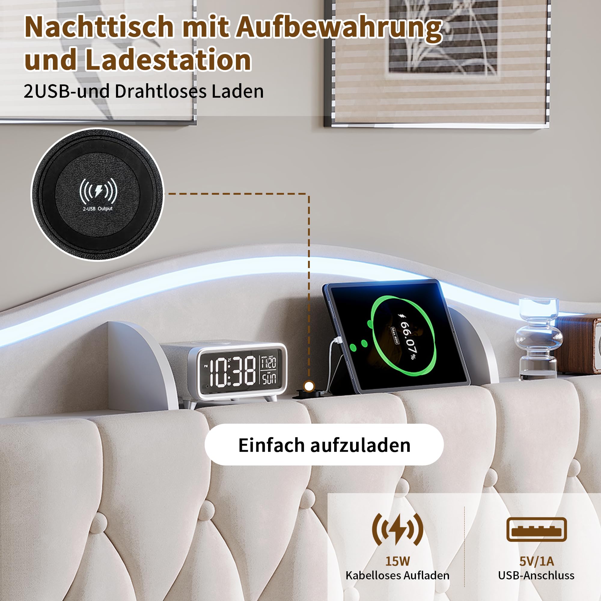 BRILVERDE Łóżko tapicerowane 160 x 190 cm, z miejscem do przechowywania, podwójne łóżko z diodami LED/USB, rama łóżka ze stelażem i zagłówkiem, łóżko młodzieżowe dla dorosłych i młodzieży, aksamitne