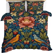 Vintage Flower Duvet Cover King Size, Middle Ages Flower Comforter Cover 104" x 90" & 2 Pillowcases, Country Floral Birds Bedding Set with Zipper Ties