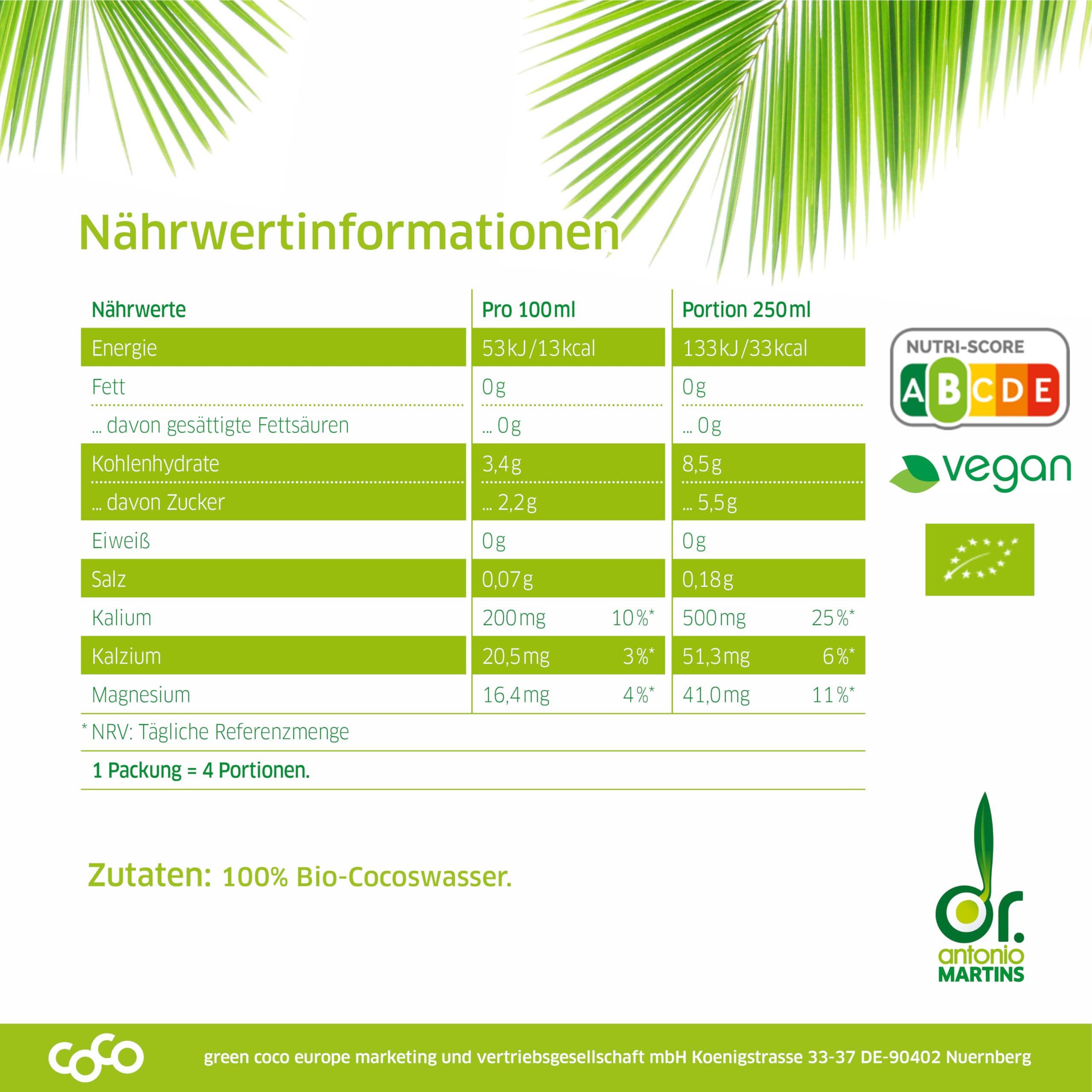 Dr. Antonio Martins - Coconut Water Pur | 100% Bio-Cocoswasser I Natürlich Erfrischend I Ohne Zusatzstoffe I Vegan I Bio | FAIRTRADE (12x 1000 ml)