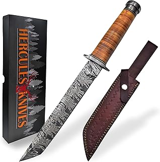 Hercules Custom Hand Forged Damascus Steel Tanto Hunting Knife Gunuine Leather Handle Damascus Bolster Leather Sheath Handmade damascus steel tanto knife 13.0"OAL Size - Hercules Knives