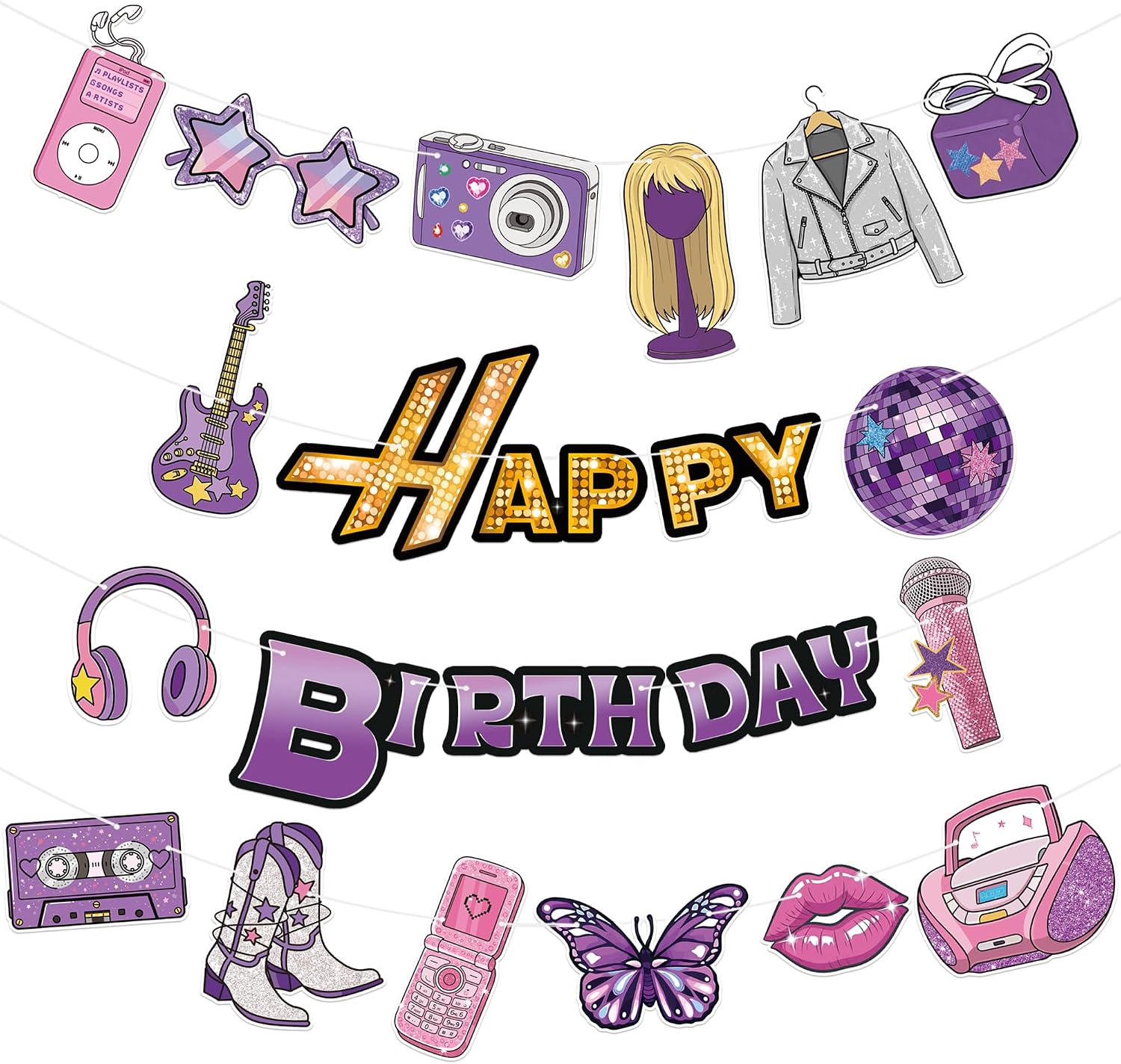 Pop Star Birthday Banner, Purple Pink Music Theme Party Garland for Girls Birthday Party, Y2K Party Decorations