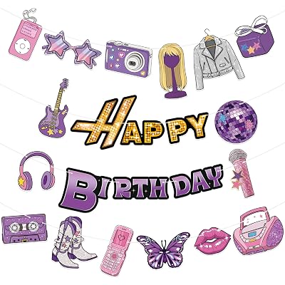 Pop Star Birthday Banner, Purple Pink Music Theme Party Garland for Girls Birthday Party, Y2K Party Decorations