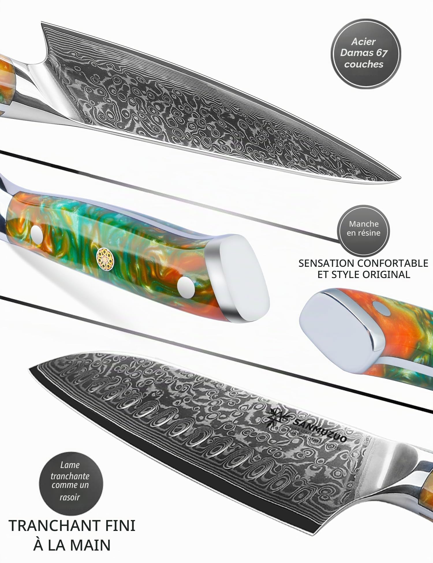 Ensemble de couteaux de chef - Set de couteaux de cuisine de 5 pièces - Acier de Damas VG10 ultra-tranchant et manche en résine - Série Xuan(Orange Fantastique)