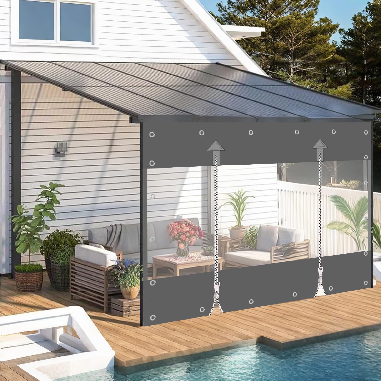Transparente Plane, 650g/m² PVC Plane, Outdoor Vorhang mit Reißverschluss, Wasserdiche Abdeckplanne Windschutz und Regenschutz für für Pavillon, Balkone, Terrassen (Grau, Höhe 2.1m x Breite 3m)