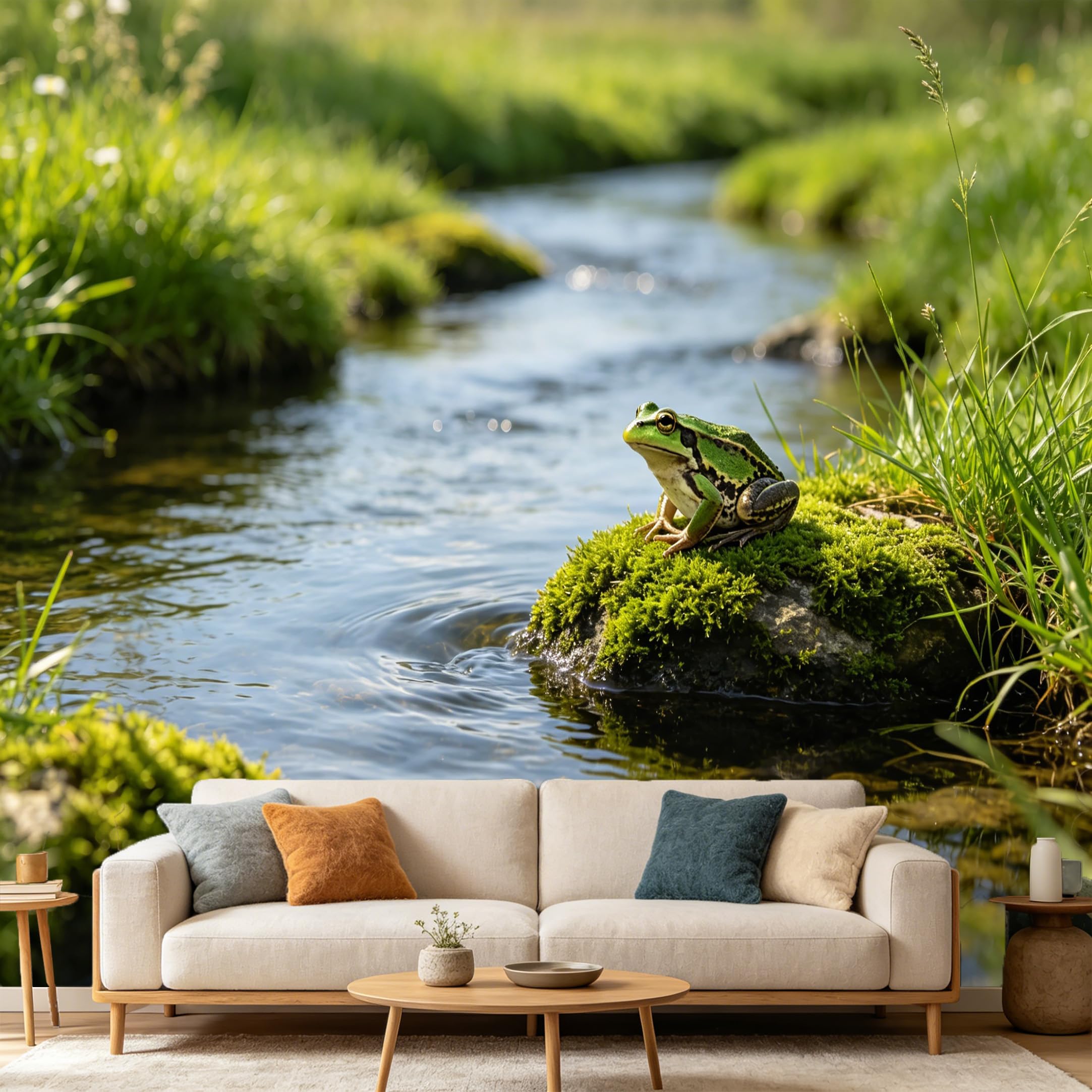 Custom Size Wall Mural， Green Frog Pond Stream Wildlife， SelfAdhesive Art Prints wall Fabric Removable Large Wallpaper Home Living Room Decor， Nature Landscape Photorealistic Mural