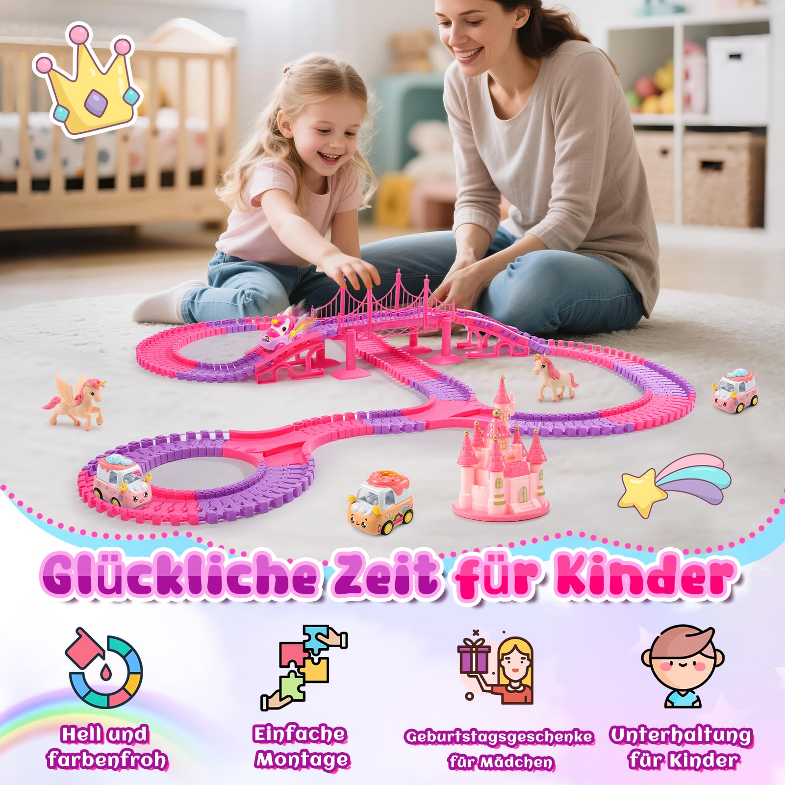 iKidiki Geschenk für Mädchen 3 4 5 6 7 8 Jahre Geburtstag, Rennstrecke Auto Kinder Einhorn Spielzeug Mädchen 3 4 5 6 7 8 Jahre Rennstrecke Elektroauto Spiel Mädchen 3-8 Jahre elektrischer Zug Kinder