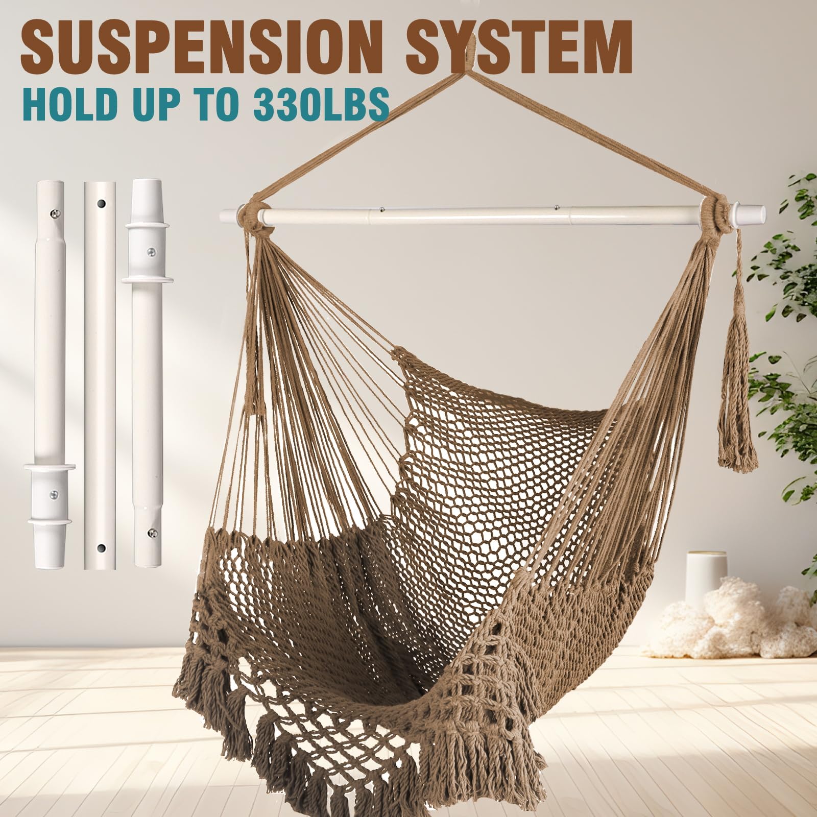 Silla hamaca súper grande de tejido de cuerda de algodón hilado suave, plegable y resistente, barra esparcidora de metal, asiento ancho, sillas oscilantes elásticas para interiores y exteriores 5