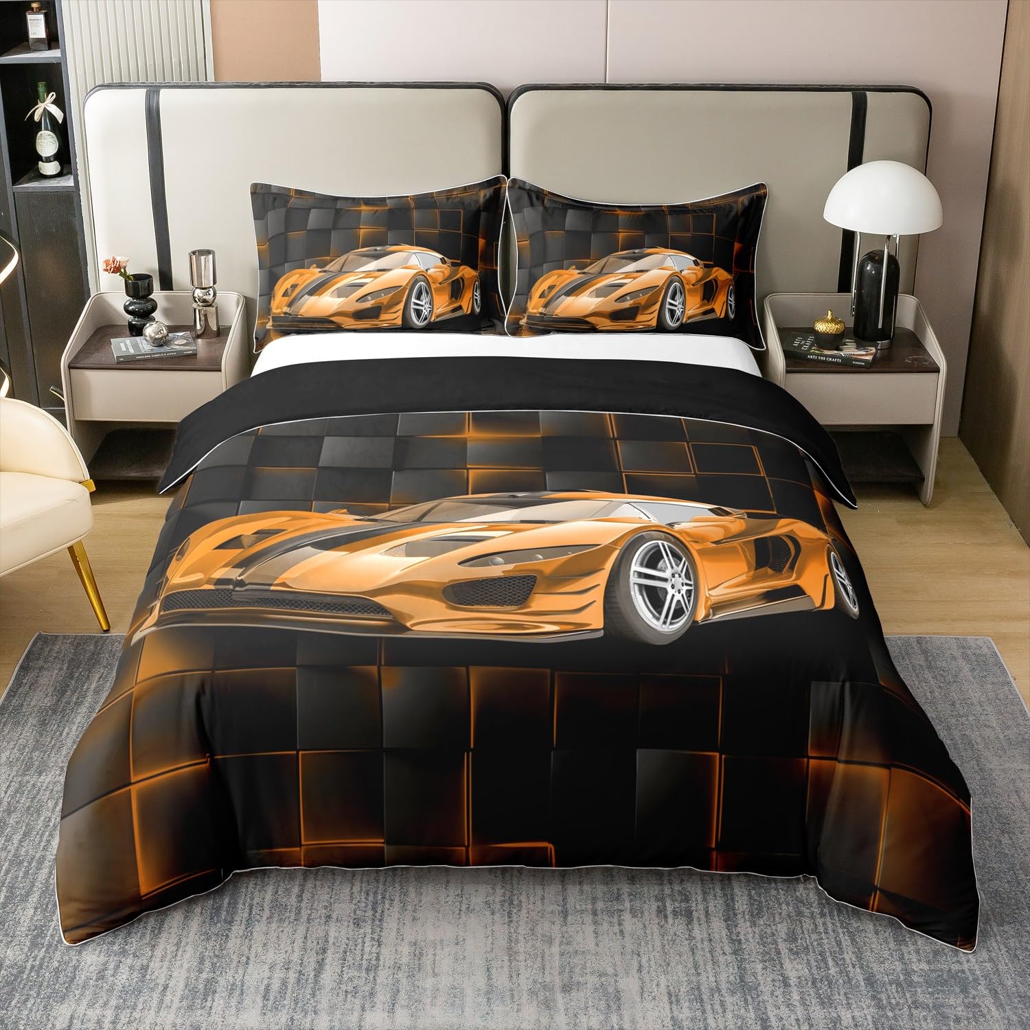 Homemissing Orange Race Car Duvet Cover Set 100% Cotton Double Speed Sports Car Bedding Set Boys Geometric Honeycomb Comforter Cover Set Extreme Sports Automobile Bedspread Cover No Comforter