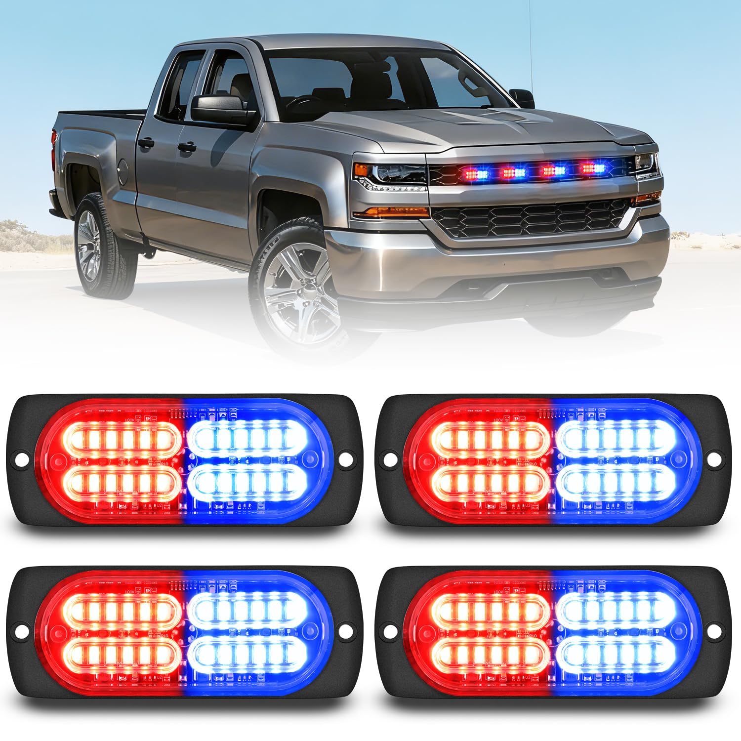 Nilight 4PCS 24LED Red Blue Strobe Light 12V/24V Grille Surface Mount | Hazard Safety Warning Light with Sync Feature for Car Truck Camper Side Marker Aluminum Alloy Base Emergency Lights