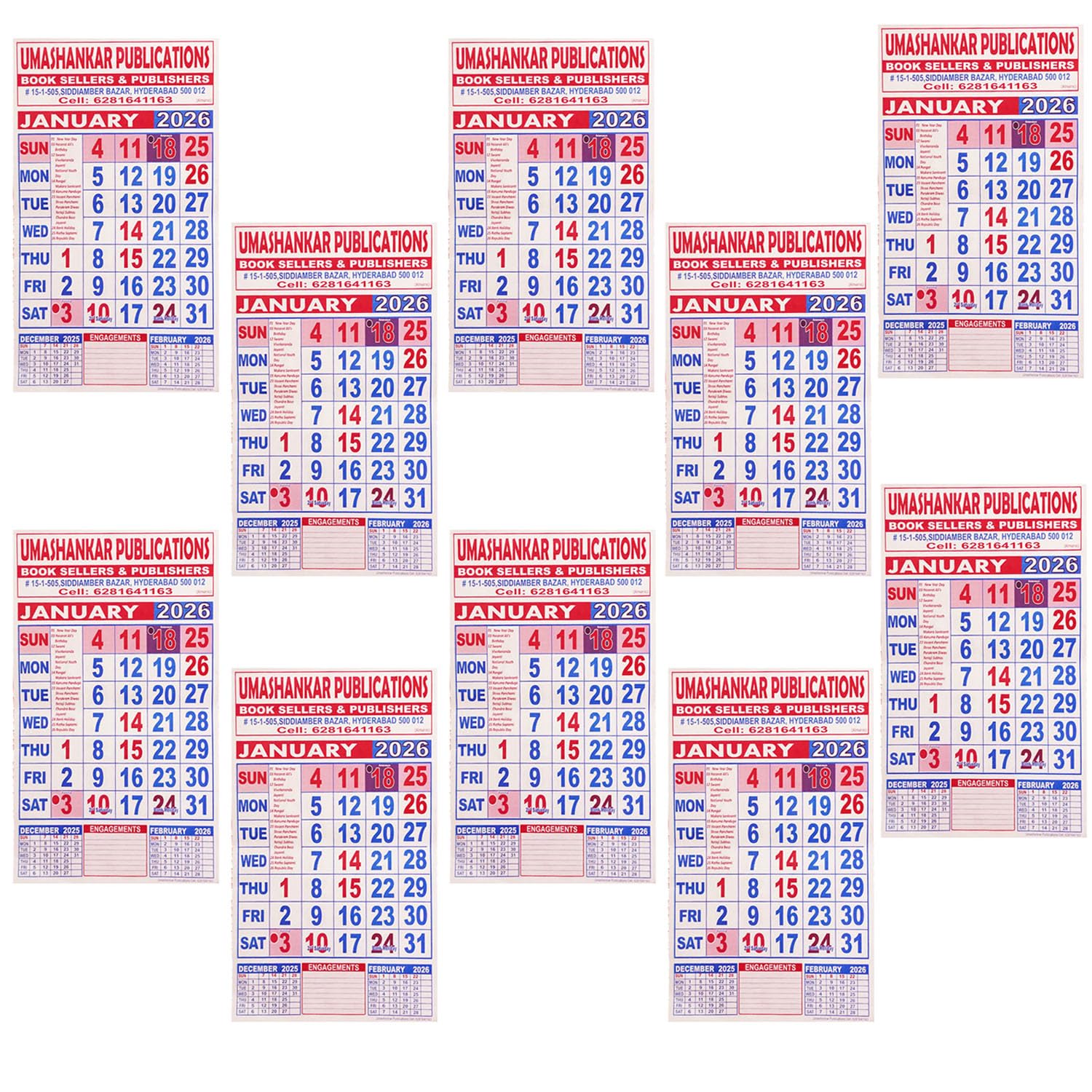 SAI BALAJI 2026 Wall Calendar – Pack of 10 – Monthly English Calendar (50 × 36 cm) with Date Grid & Indian Holidays – Easy-to-Hang – Planner for Home, School, Shop & Office-image-45