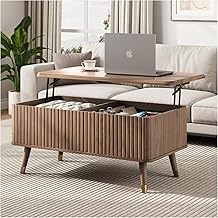 JOINICE Lift Top Coffee Table with Storage, Mid Century Modern Fluted Wood Design,Pop-Up Walnut Center Table with Hidden Compartment for Living Room &amp; Home Office Work/Dining