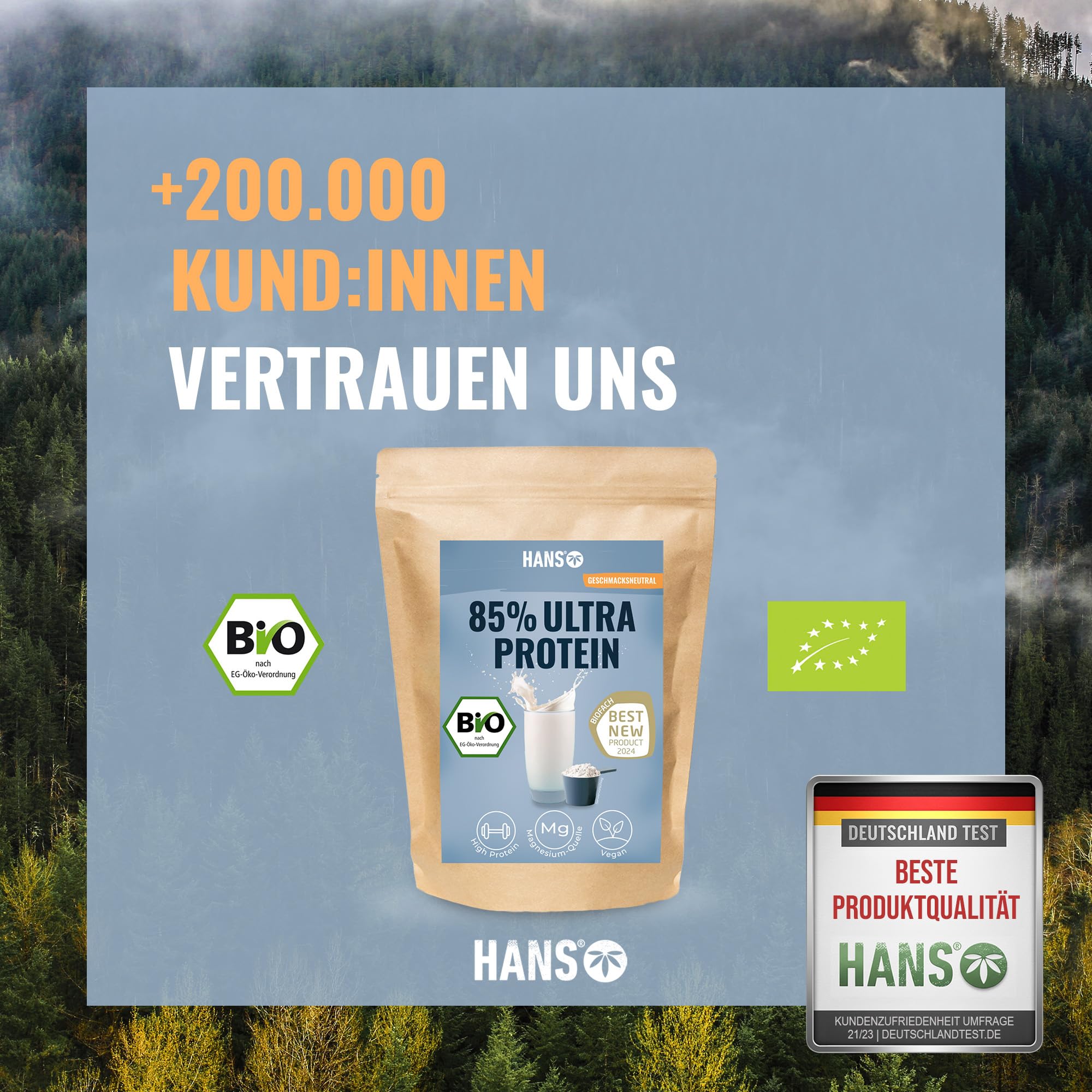 HANS Brainfood Veganes Proteinpulver neutral - Bio Zertifiziert aus Bayern - 85% pflanzliches Eiweißpulver aus Erbse, Reis & Hanfprotein - Ohne Süßungsmittel - Cremig & gut löslich, 1Kg
