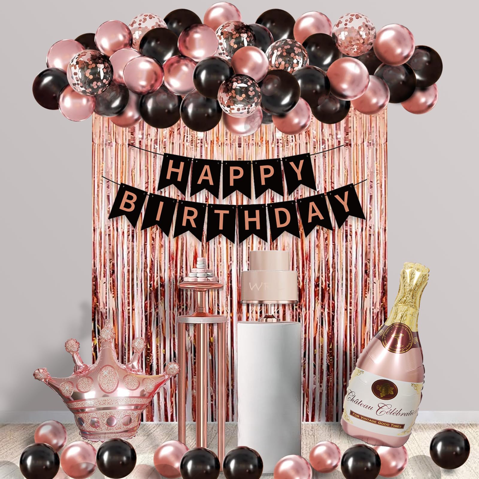 Kit Décoration D'anniversaire Thème Noir Et Rose - Nappe, Guirlande, Assiettes, Serviettes, Décorations Gâteau - Pour 20 Personnes