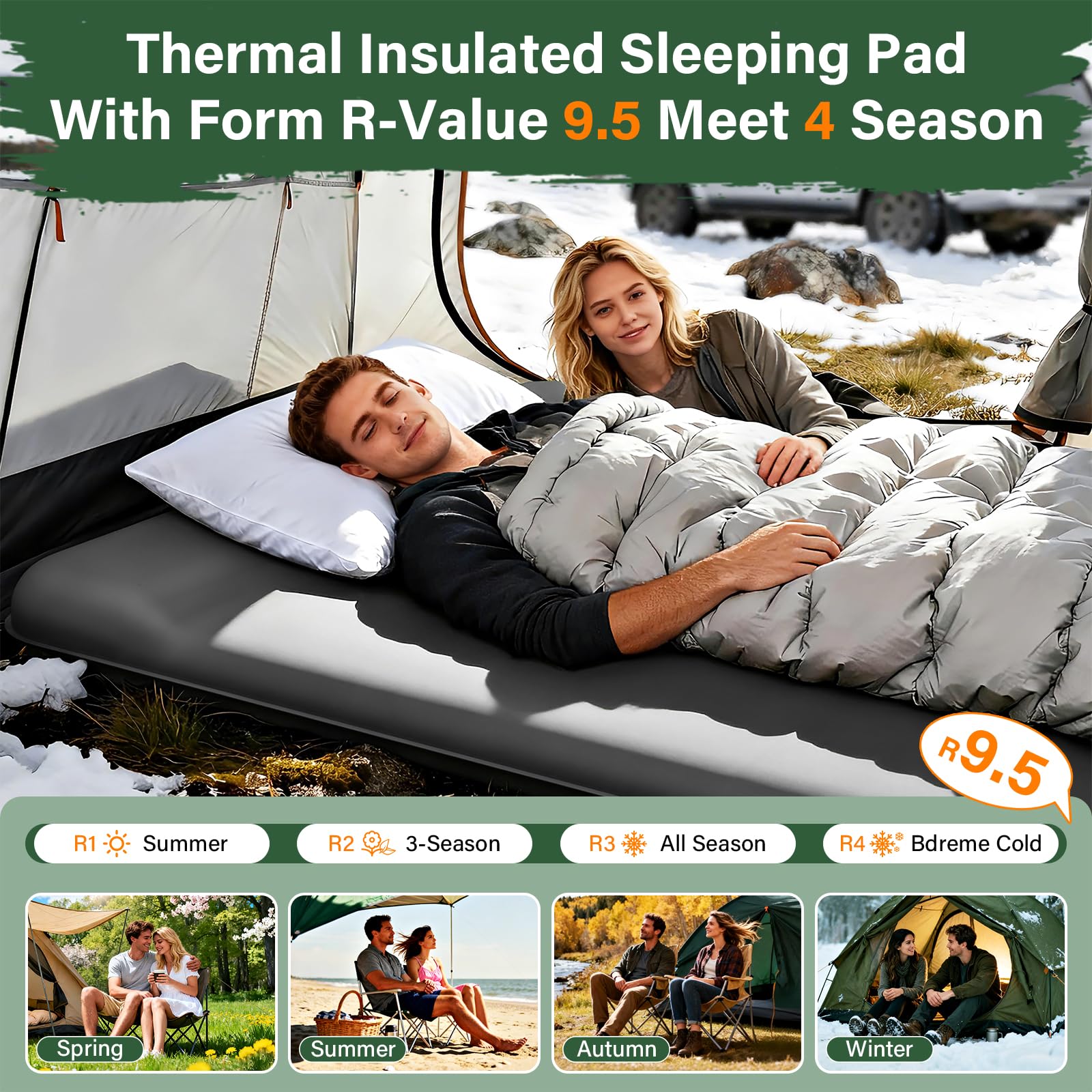 HiiPeak Colchón Inflable de Camping para 2 Personas con Bomba Eléctrica Integrada, R-Value 9,5 Invierno y 4 Estaciones, Colchoneta Aislante con Espuma y Almohada para Senderismo y Tienda