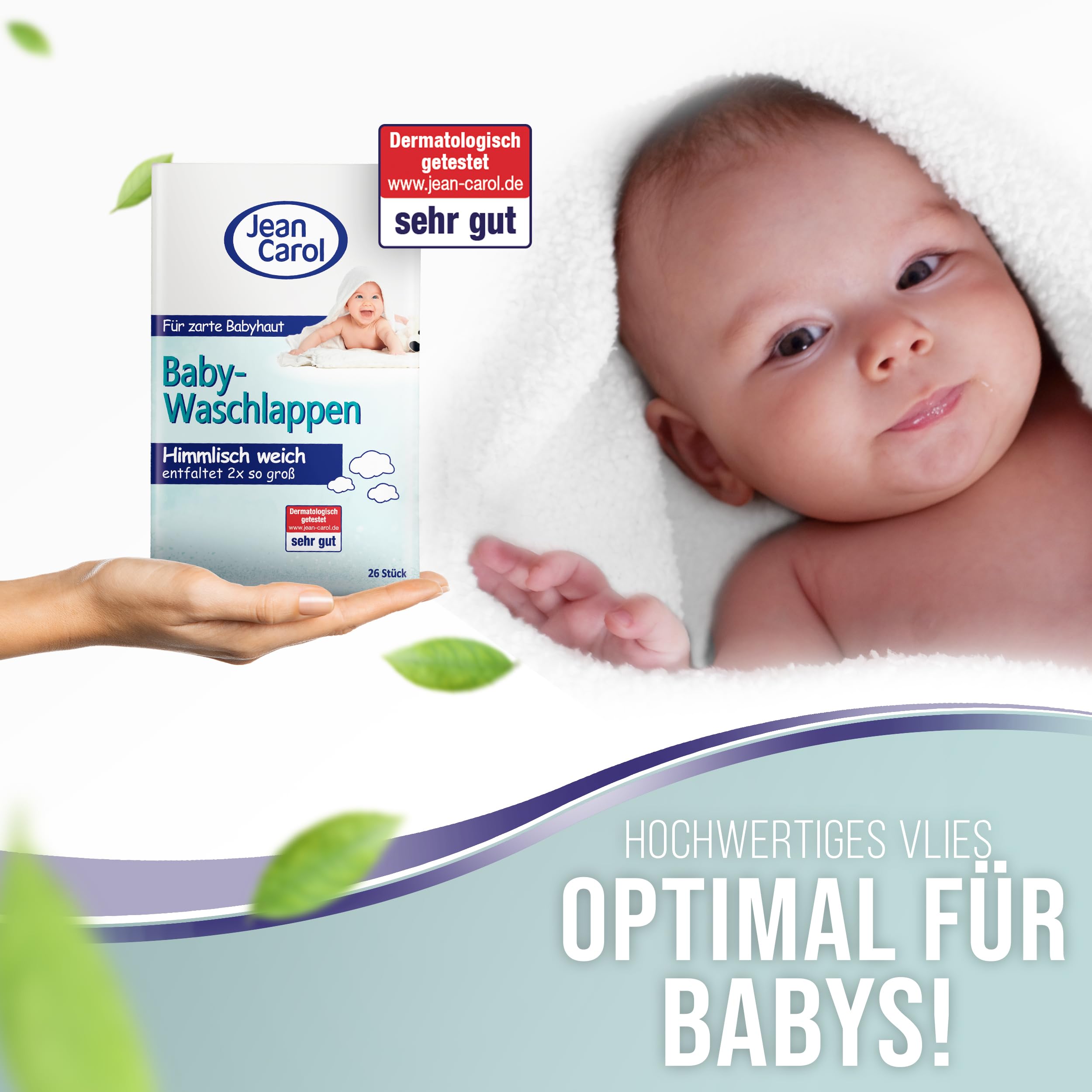 Jean Carol Baby-Waschlappen, weich & zart, Vorteilspackung (12 x 26 Stück) für die tägliche Pflege