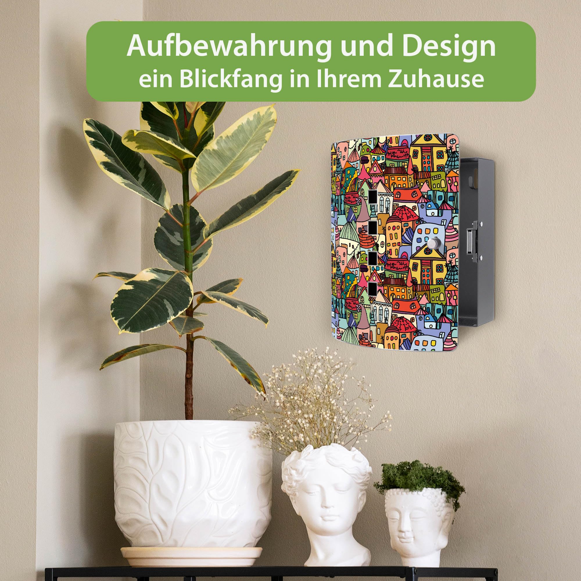 banjado Design Schlüsselkasten aus Edelstahl für 10 Schlüssel - Schlüsselschrank zur Schlüssel Aufbewahrung 24 x 21,5 x 7cm groß mit praktischem Magnetverschluss - Motiv Funky Town