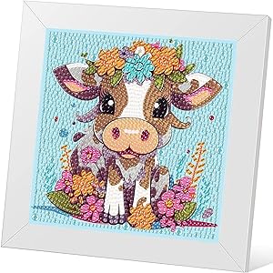 Acelii 5D Cow Diamond Painting Kit for Kids with Frame,DIY Diamond Art Kit for Children Beginner,Cute Full Drill Diamond Dot Big Gem Art Kits,Home Wall Decoration 6X6 inch