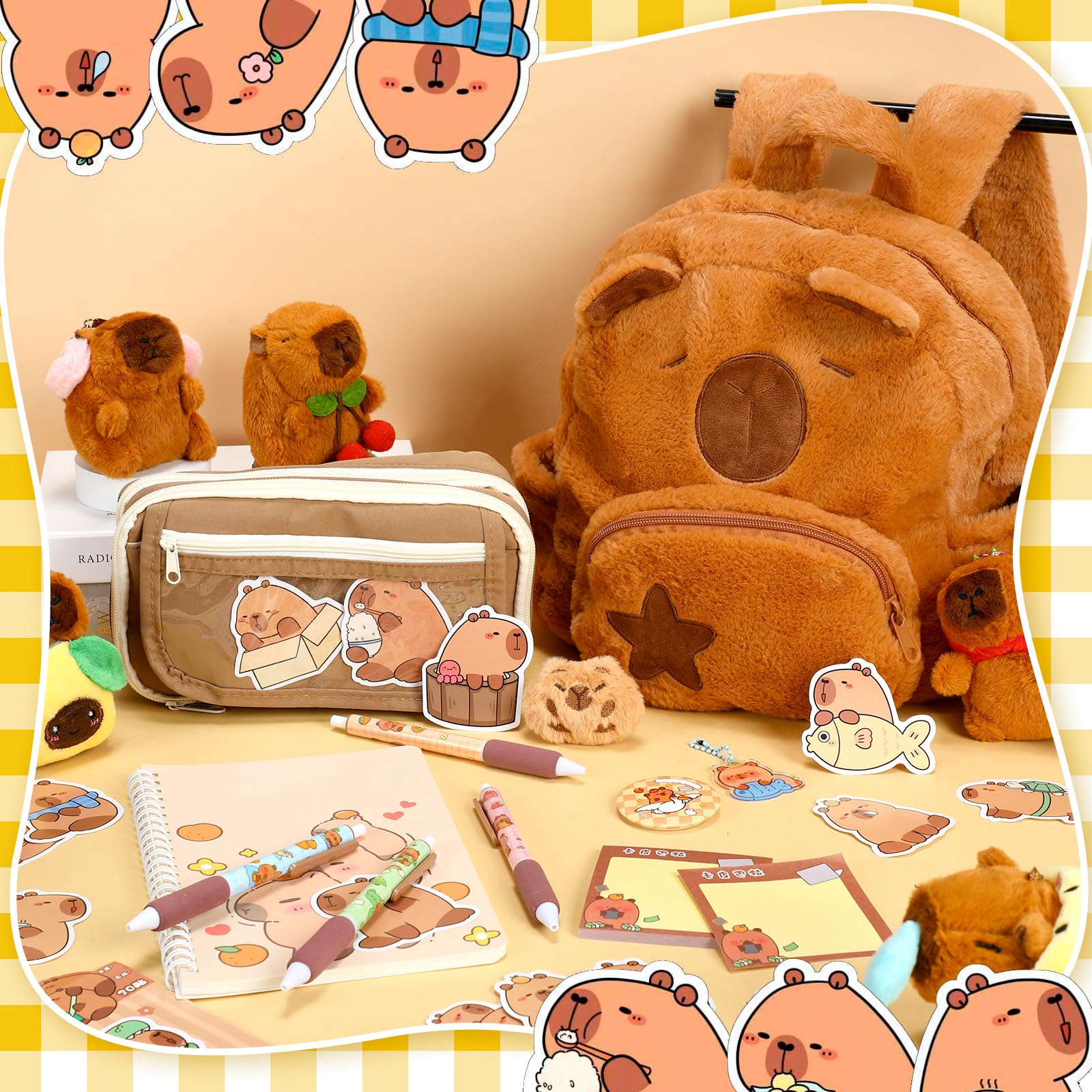 50 piezas de regalos de Capibara con mochila y juego de papelería, notas adhesivas, bolígrafos en espiral, broche, colgante para recompensas, regalo de cumpleaños