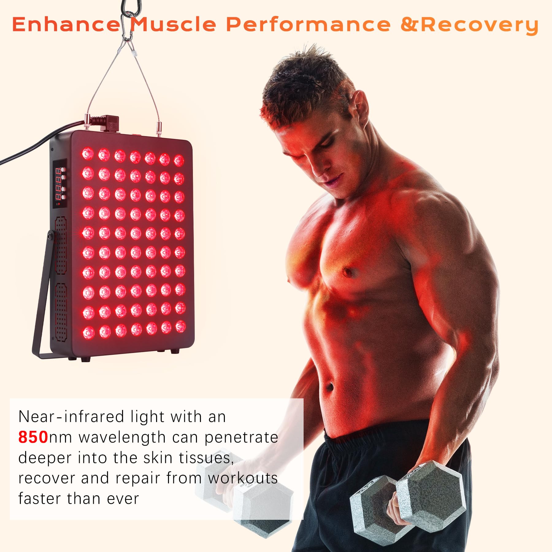 Luz Roja, Lámpara Infrarroja 660nm & 850nm, Lampara Luz Roja 120W Doble Chip 70 LEDs, con Temporizador y Soporte Ajustable, Red Light Therapy para Cara Y Cuerpo